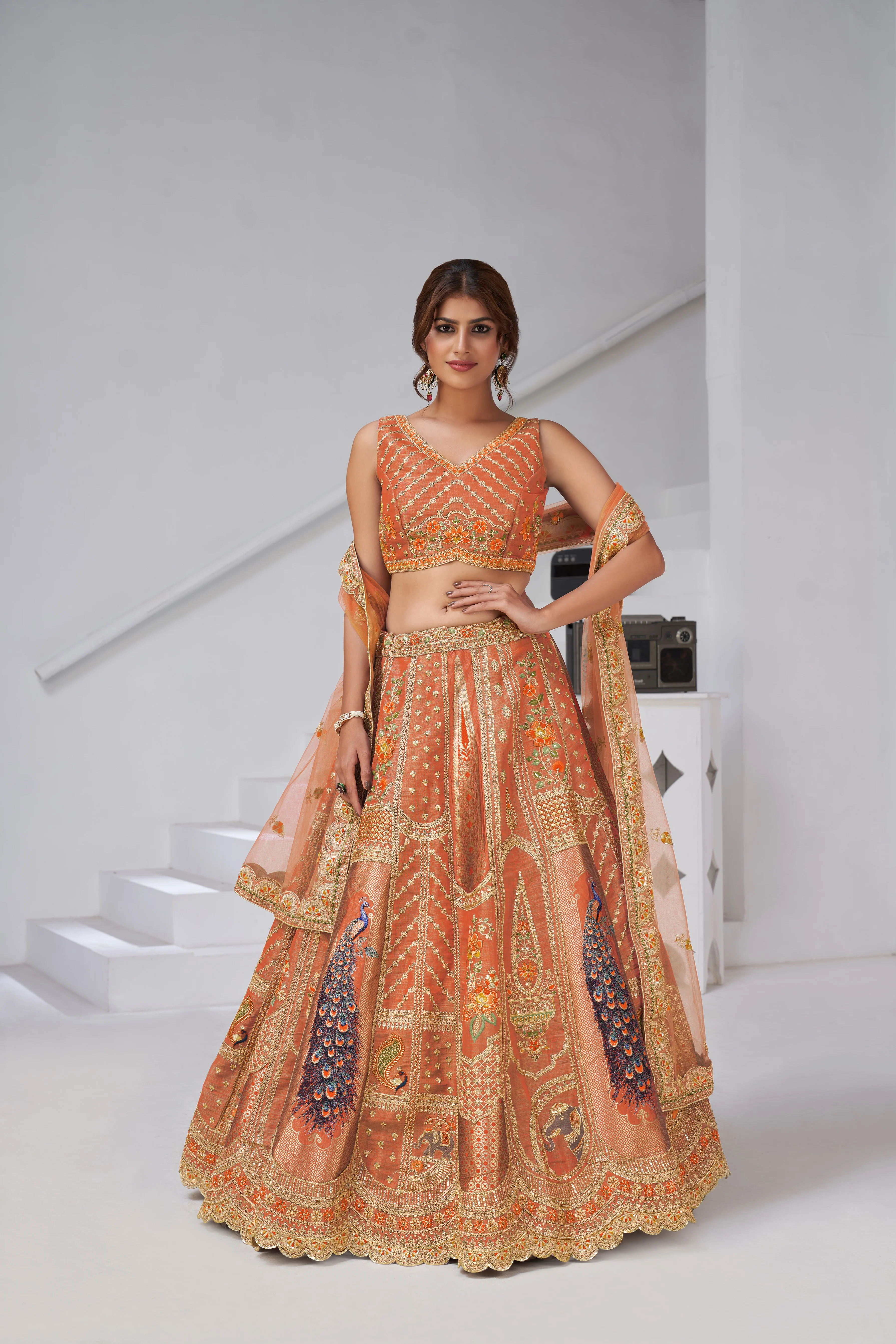 Rust Royal Radiance Raw Silk Bridal Lehenga Choli Set - Image 4