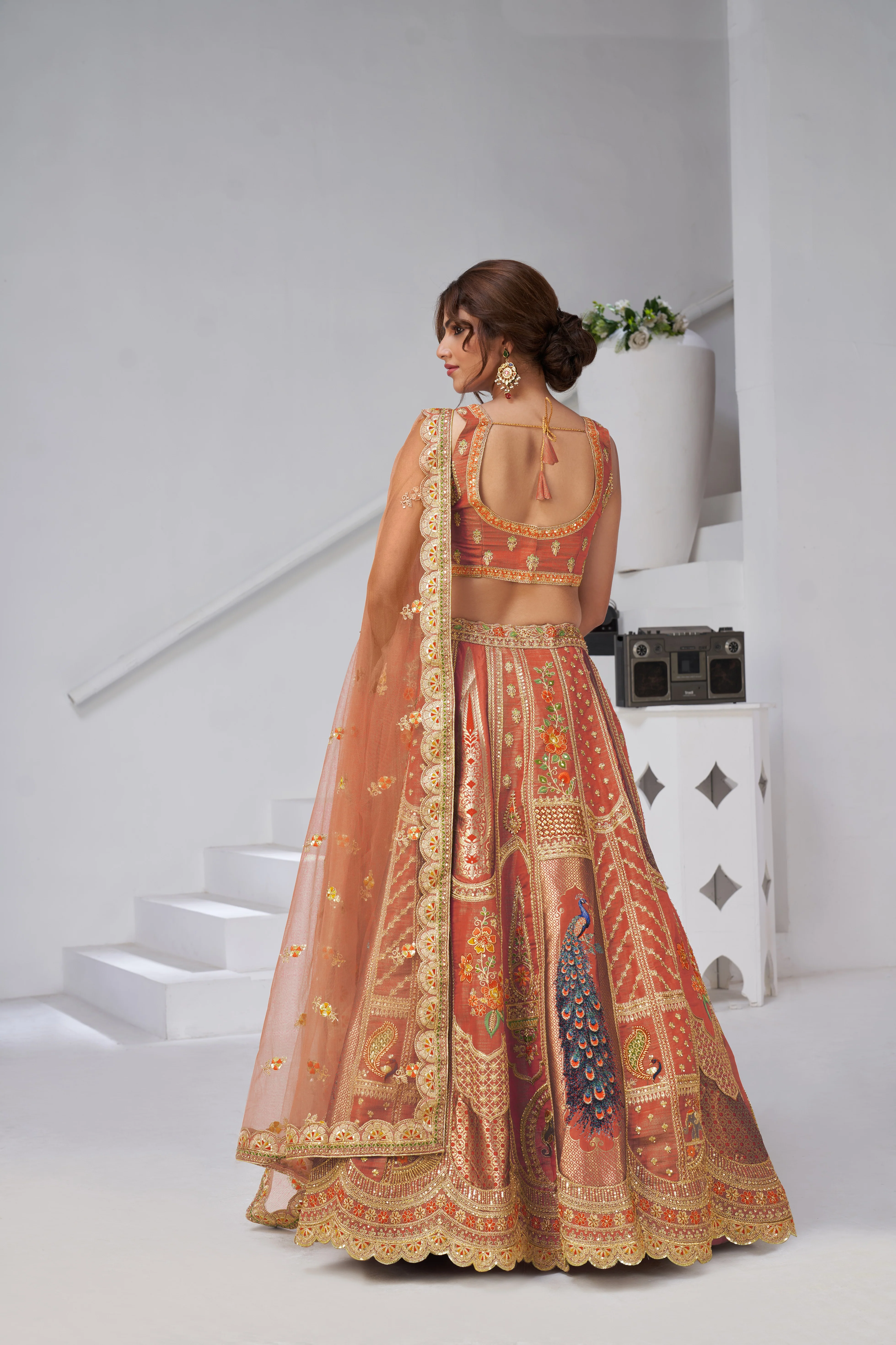 Rust Royal Radiance Raw Silk Bridal Lehenga Choli Set - Image 6