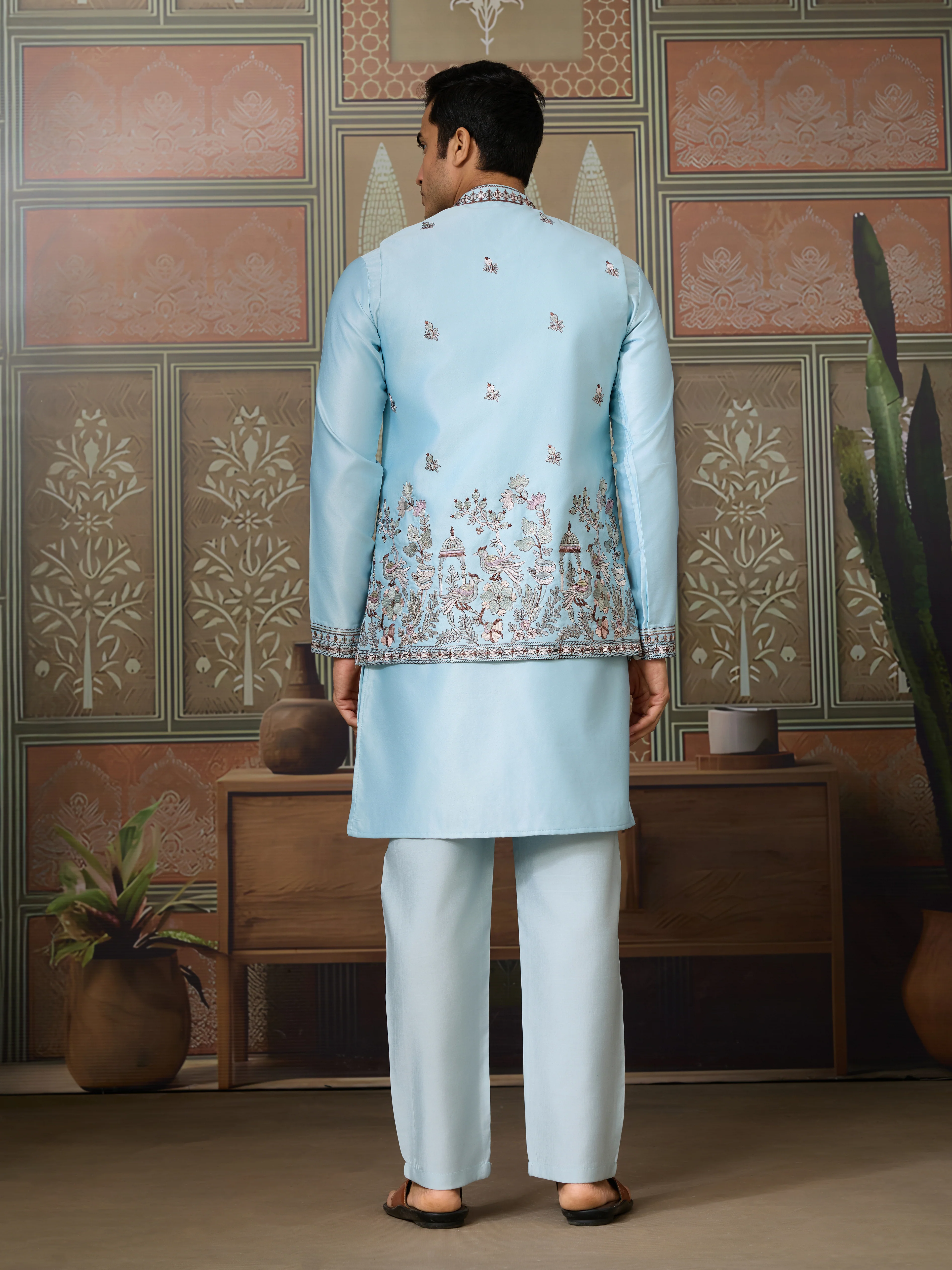 Sky Blue Embroidered Silk Koti Kurta Set for Mens - Image 7