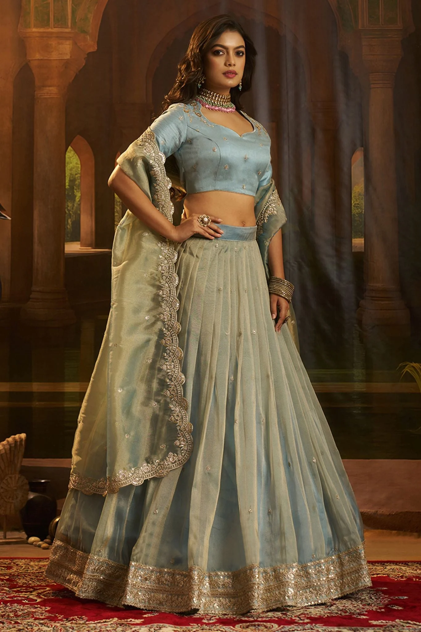 Sky Blue Premium Hiranya Silk Lehenga Set Featuring Art Silk Blouse And Detailed Embroidered Dupatta - Image 3