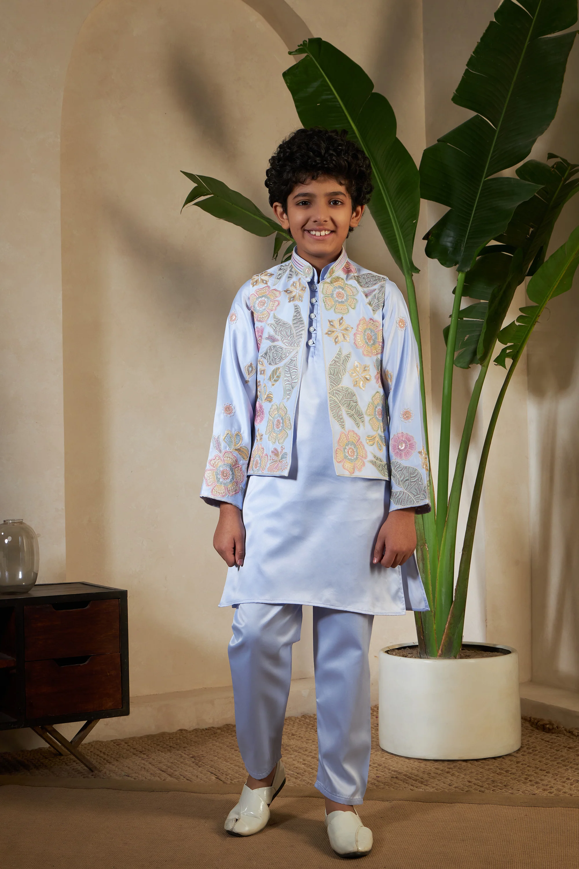 Sky Malai Satin Silk Embroidered Kurta with Jacket Set for Boys