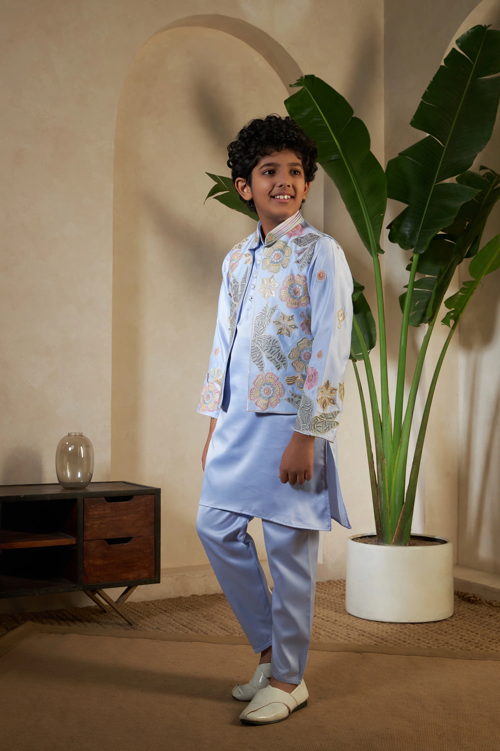 Sky Malai Satin Silk Embroidered Kurta with Jacket Set for Boys - Image 2