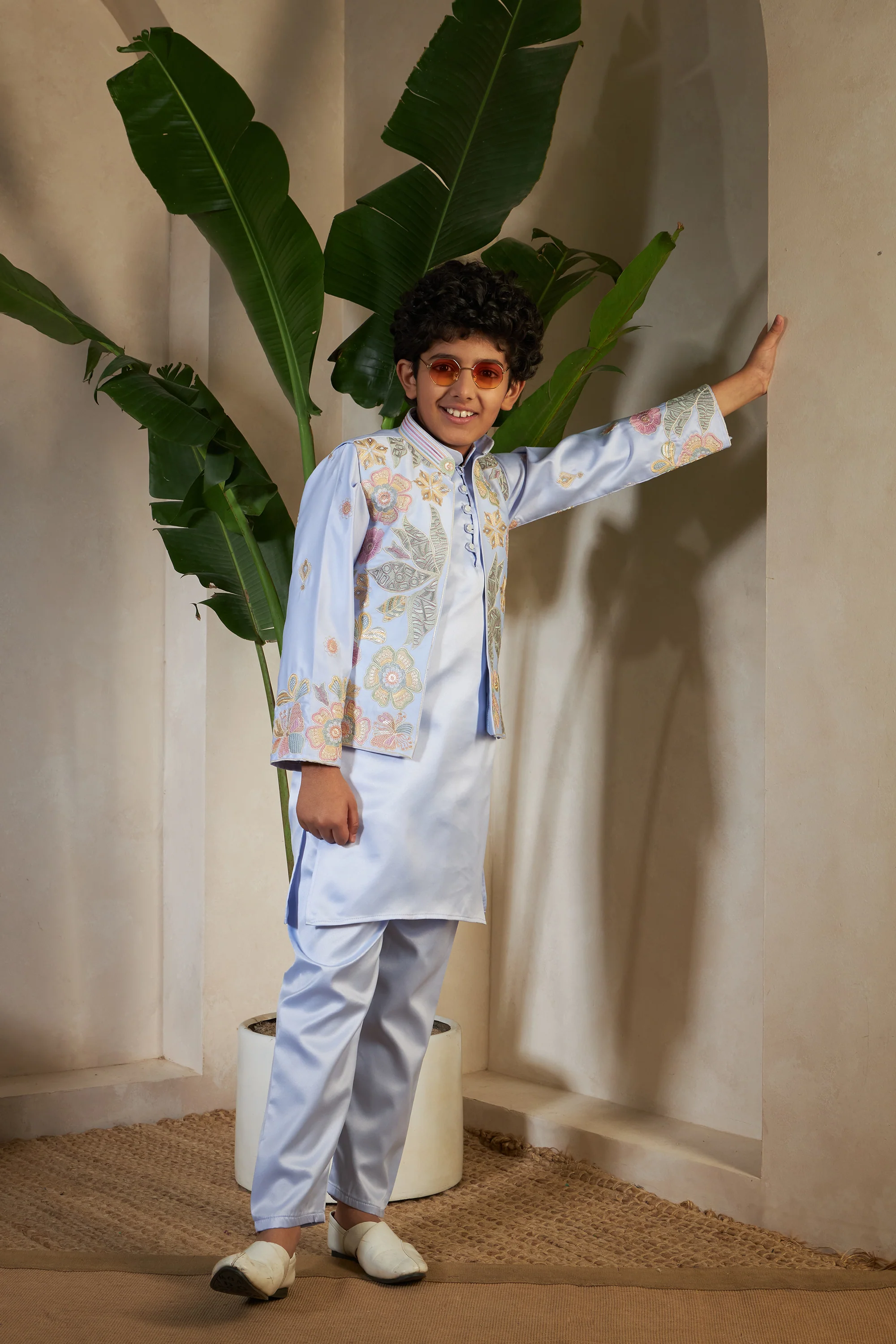 Sky Malai Satin Silk Embroidered Kurta with Jacket Set for Boys - Image 3