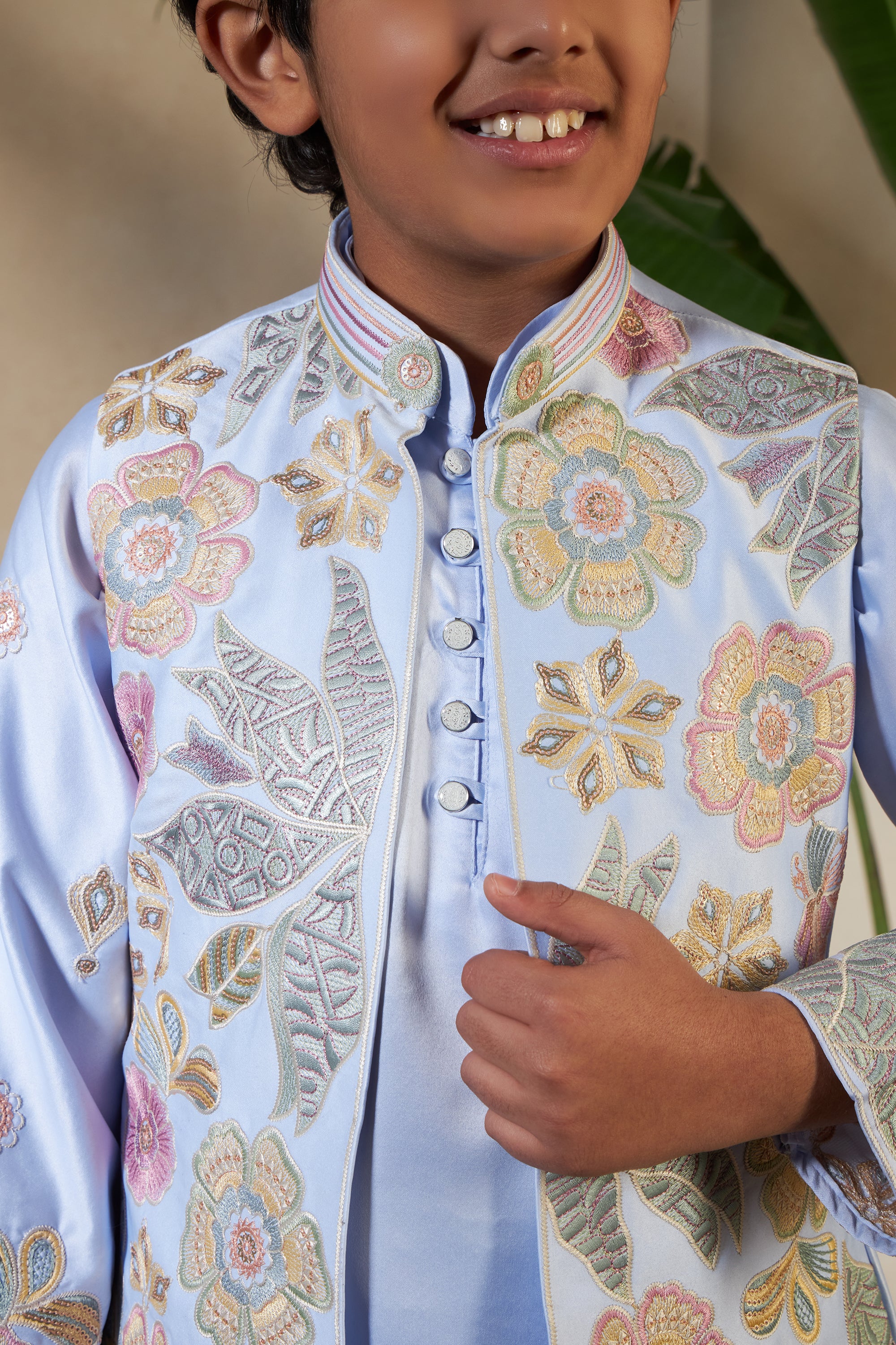 Sky Malai Satin Silk Embroidered Kurta with Jacket Set for Boys - Image 4