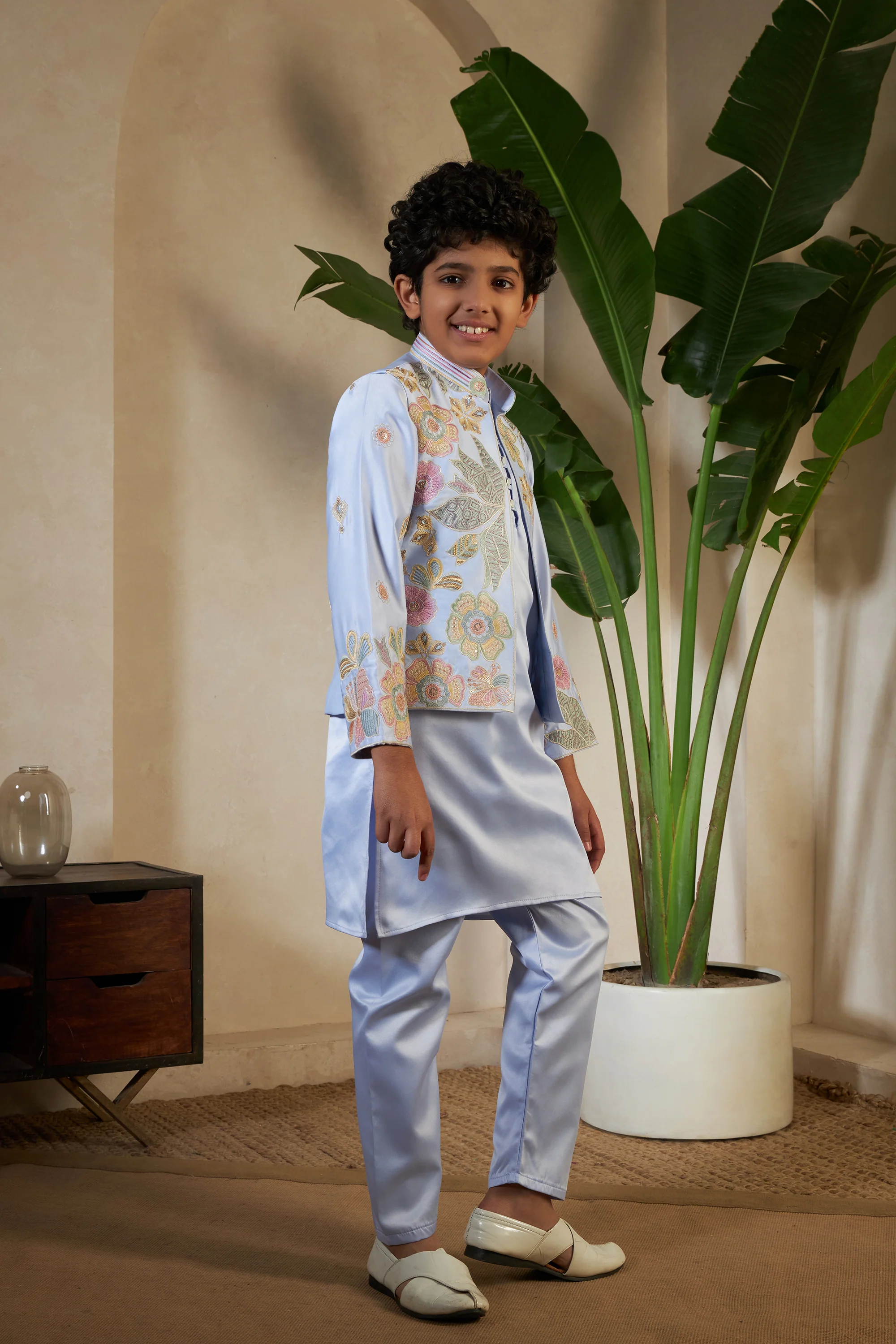 Sky Malai Satin Silk Embroidered Kurta with Jacket Set for Boys - Image 5