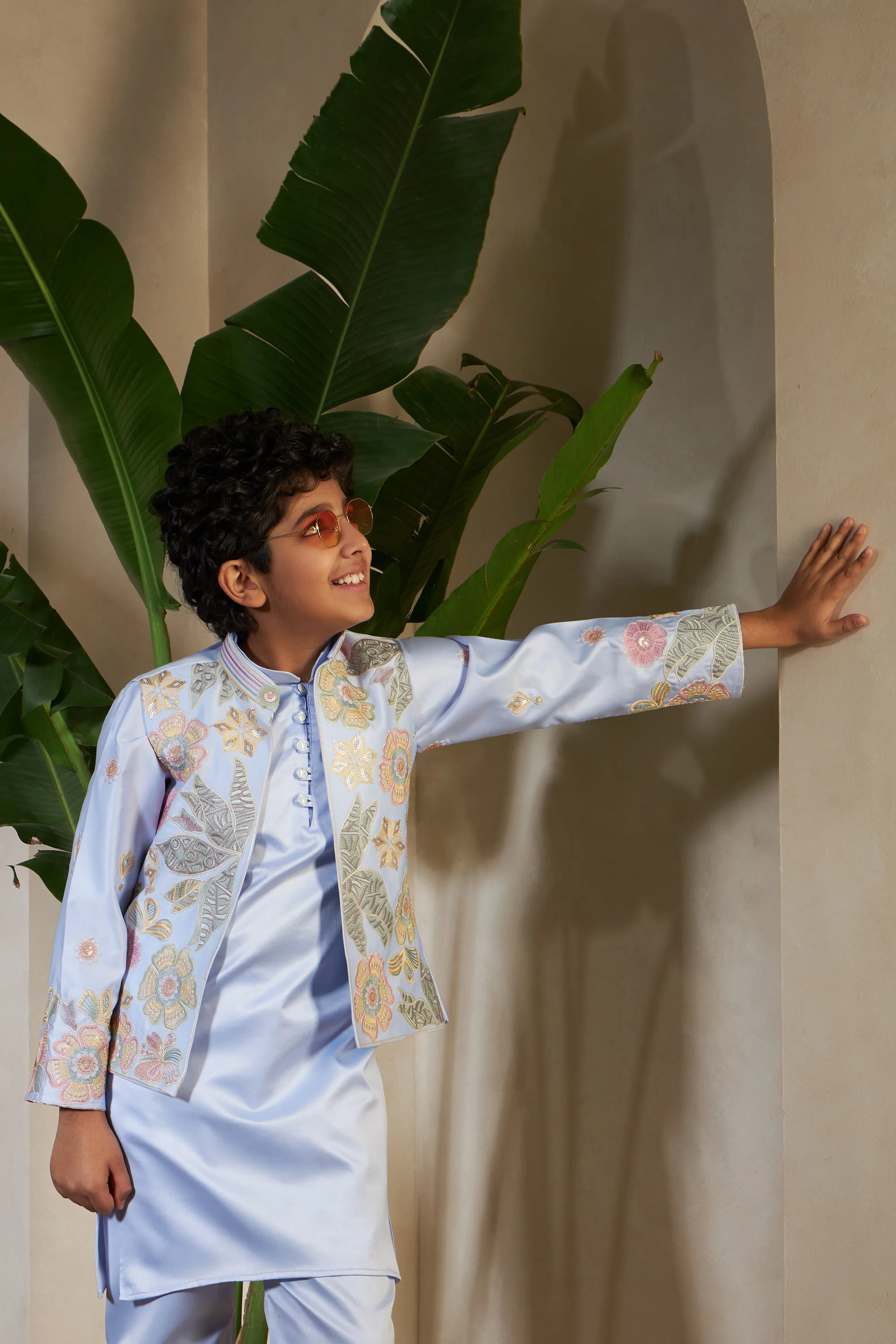 Sky Malai Satin Silk Embroidered Kurta with Jacket Set for Boys - Image 6