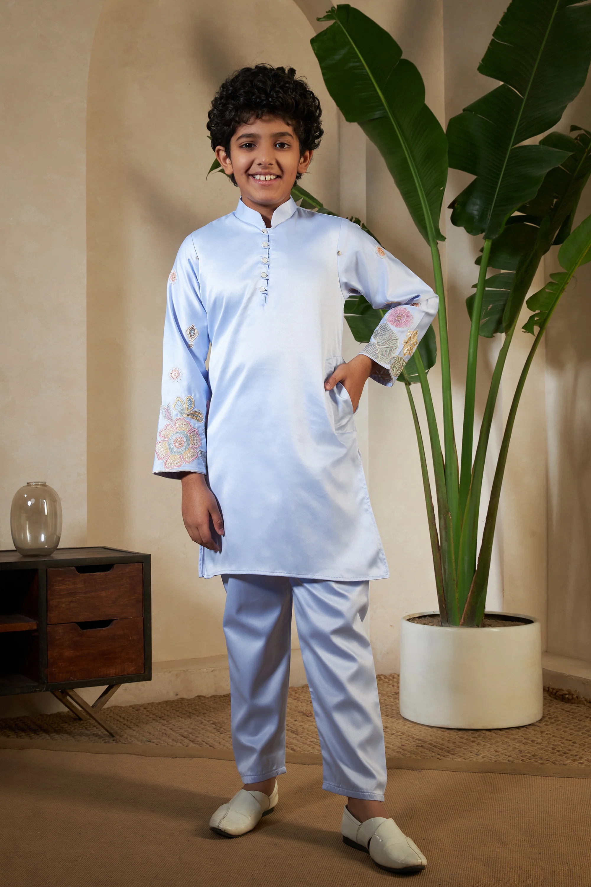 Sky Malai Satin Silk Embroidered Kurta with Jacket Set for Boys - Image 7