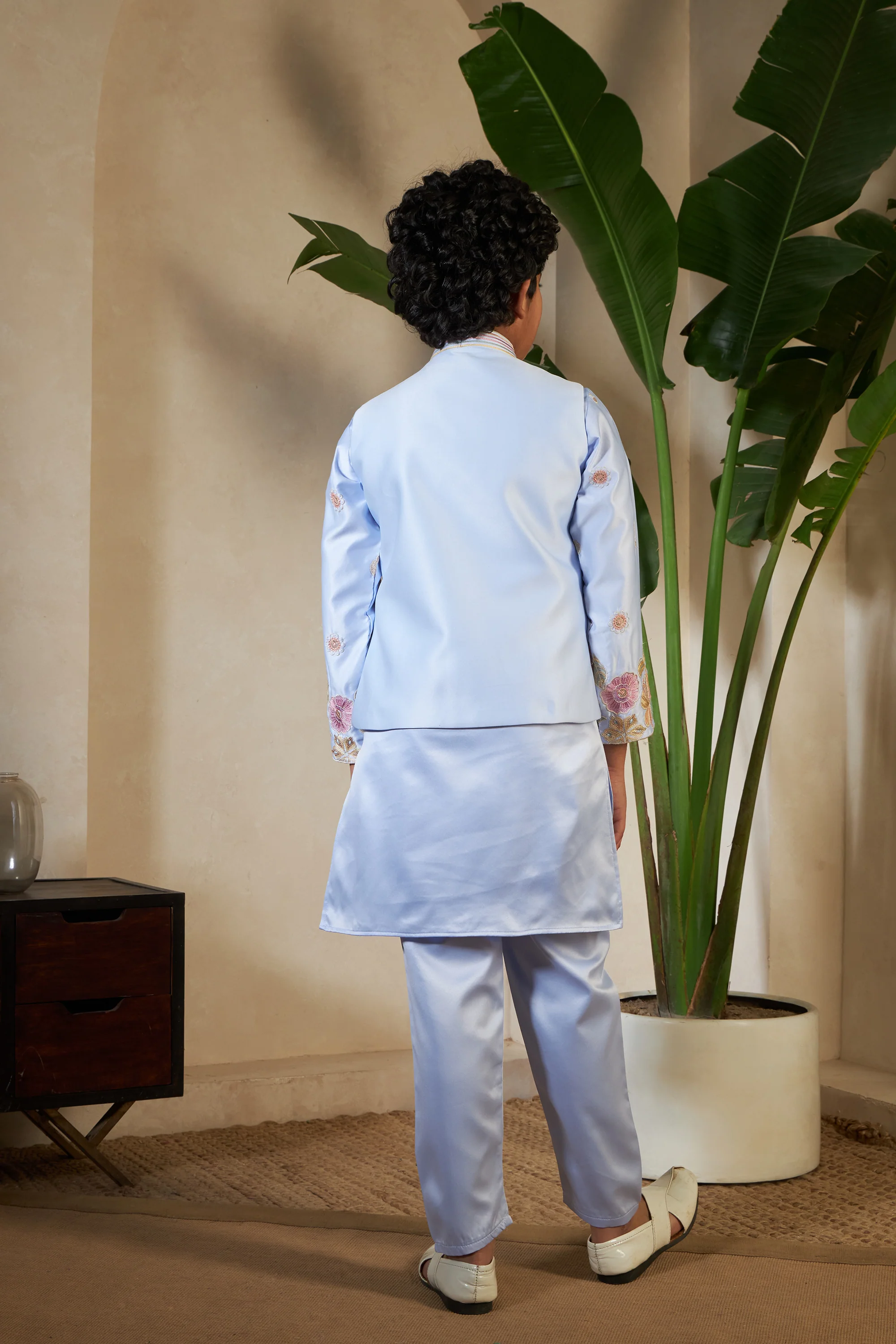 Sky Malai Satin Silk Embroidered Kurta with Jacket Set for Boys - Image 8