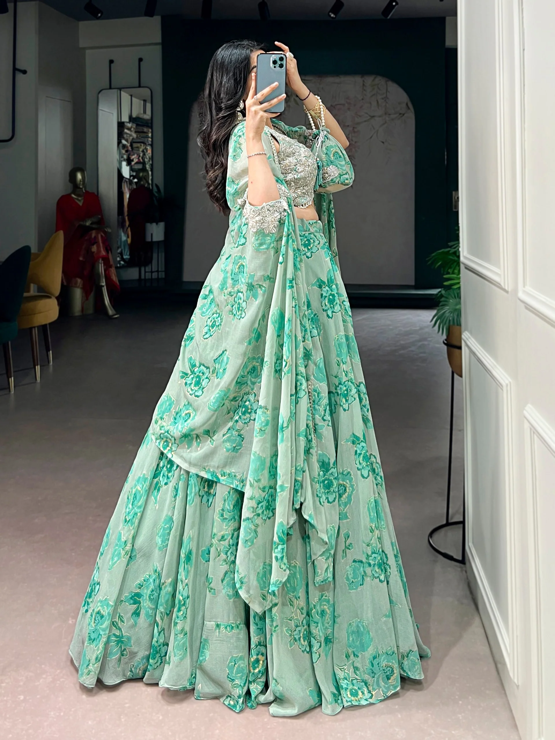 Soft Pastel Georgette Heavy Embroidery Lehenga Set With Batwa - Image 4