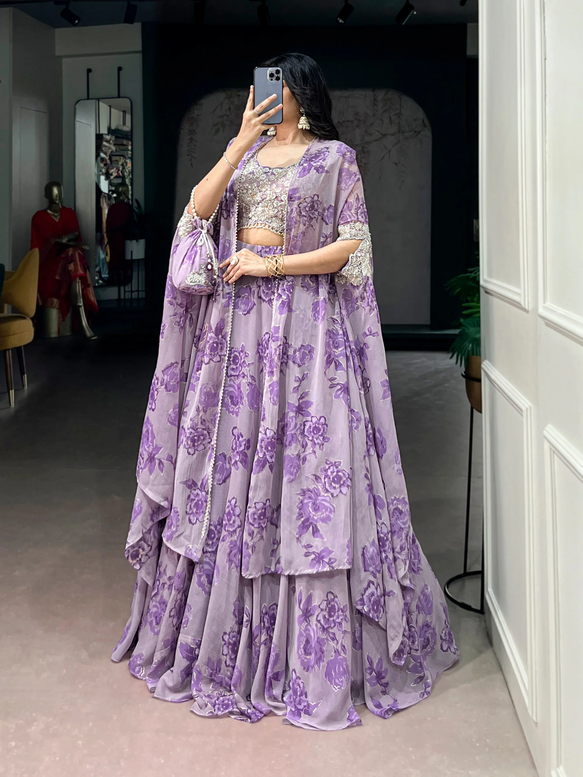 Soft Pastel Georgette Heavy Embroidery Lehenga Set With Batwa - Image 8