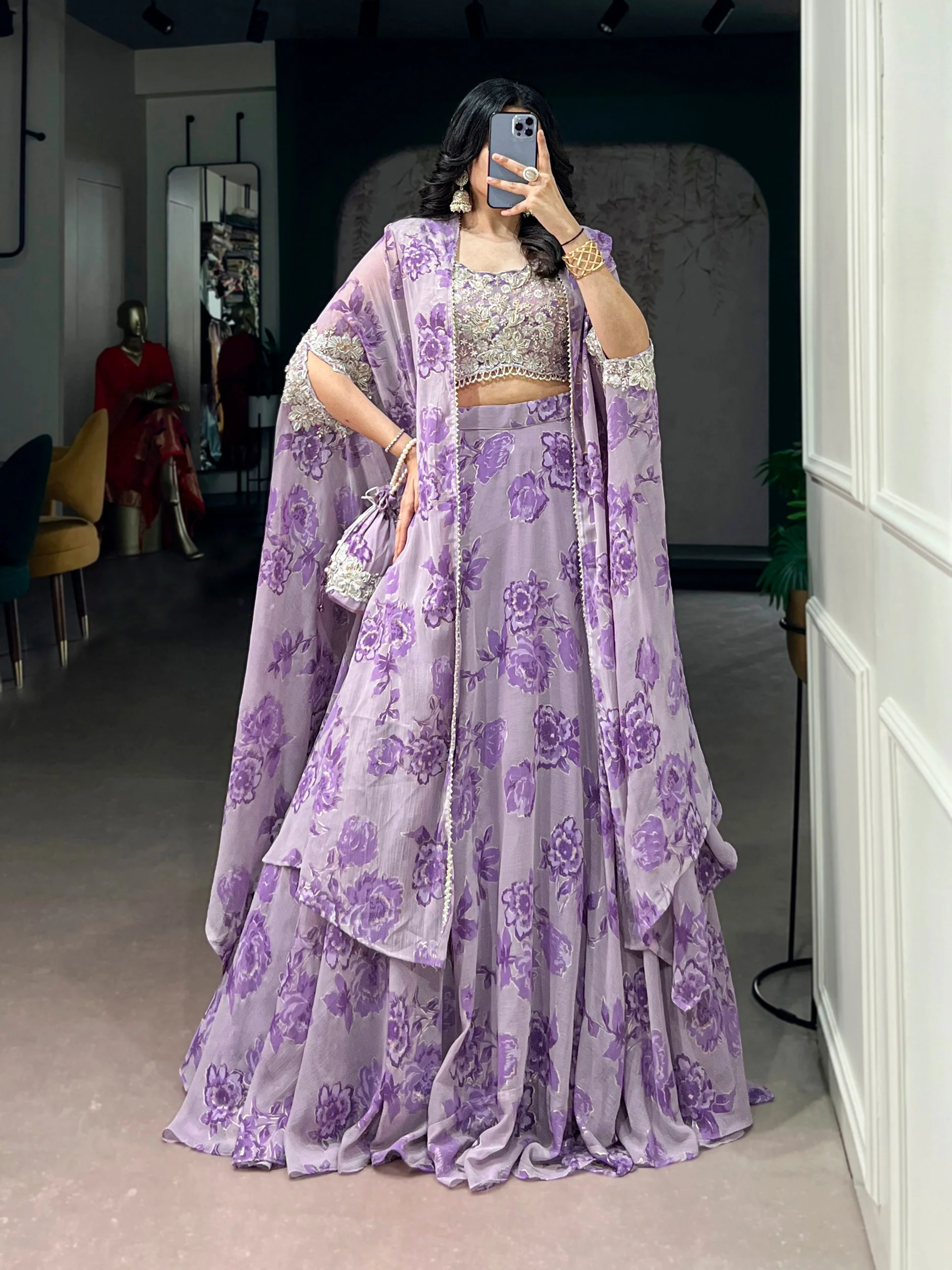 Soft Pastel Georgette Heavy Embroidery Lehenga Set With Batwa - Image 9
