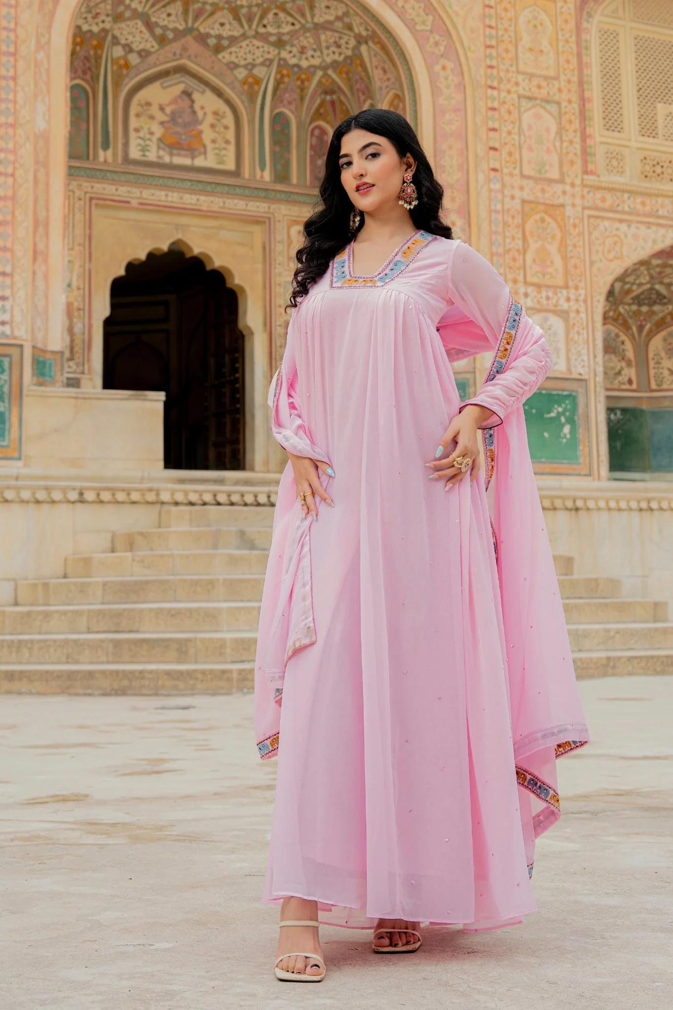 Soft Pink Embroidered Georgette Anarkali Gown - Image 3