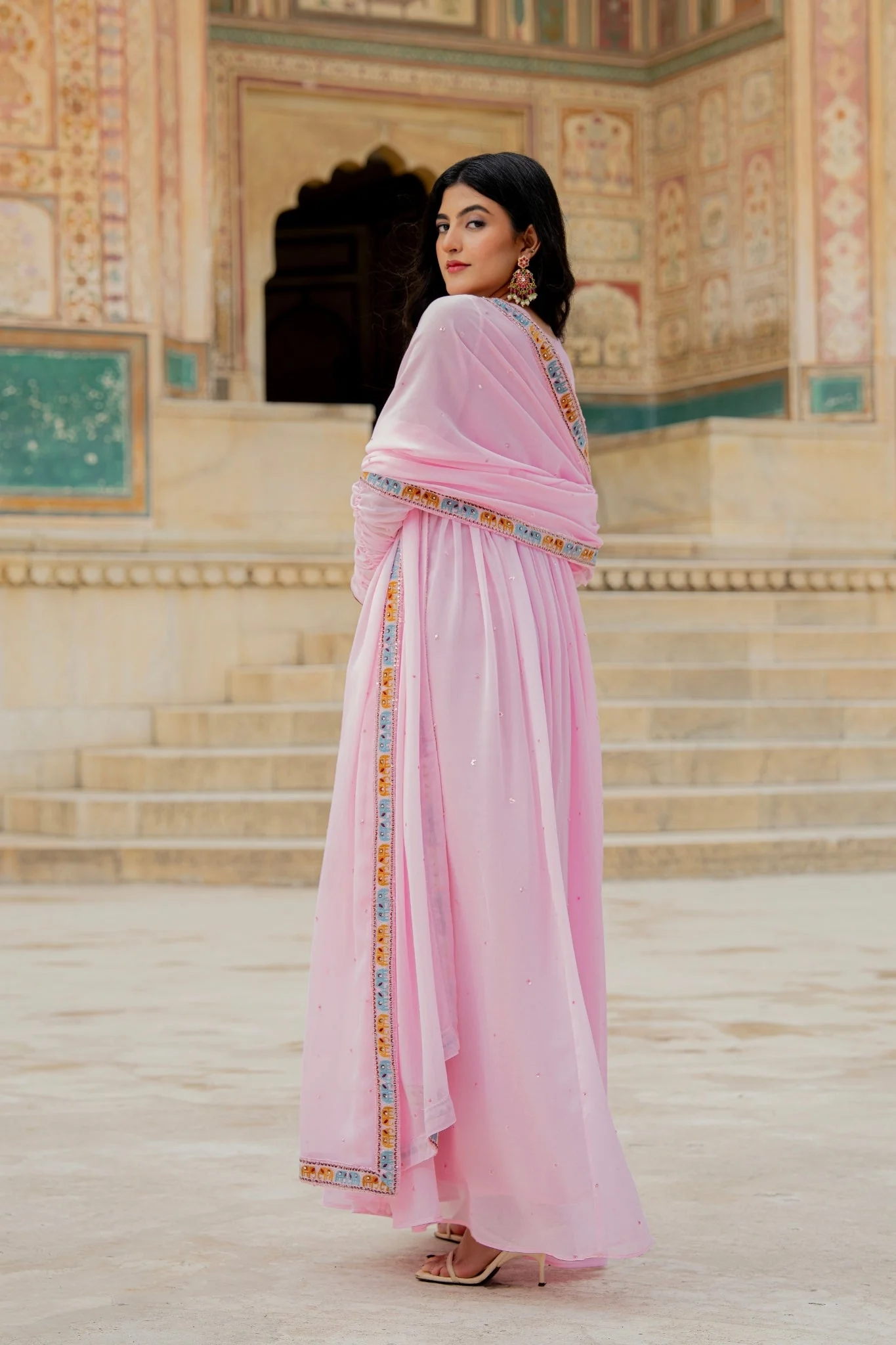 Soft Pink Embroidered Georgette Anarkali Gown - Image 4