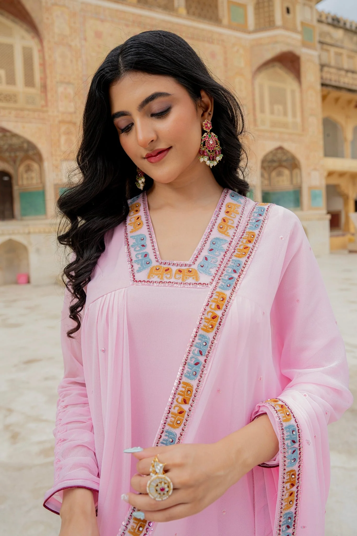 Soft Pink Embroidered Georgette Anarkali Gown - Image 5