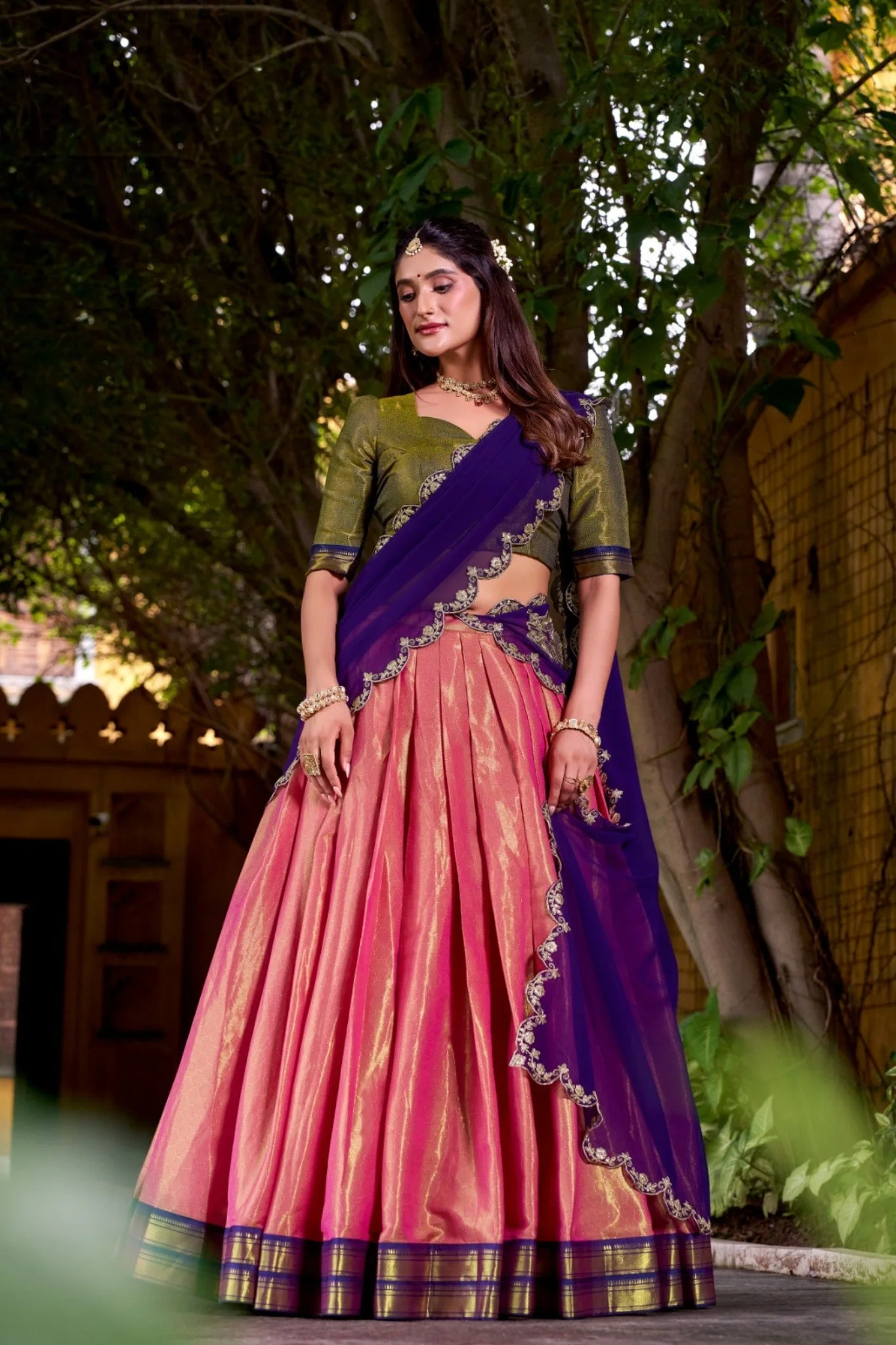 South Indian Style Kanchipuram Silk Lehenga Choli - Image 9