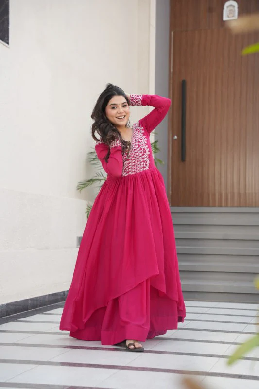 Star Georgette with Embroidery Beads Sequins Work Gown with Dupatta Set - Image 10