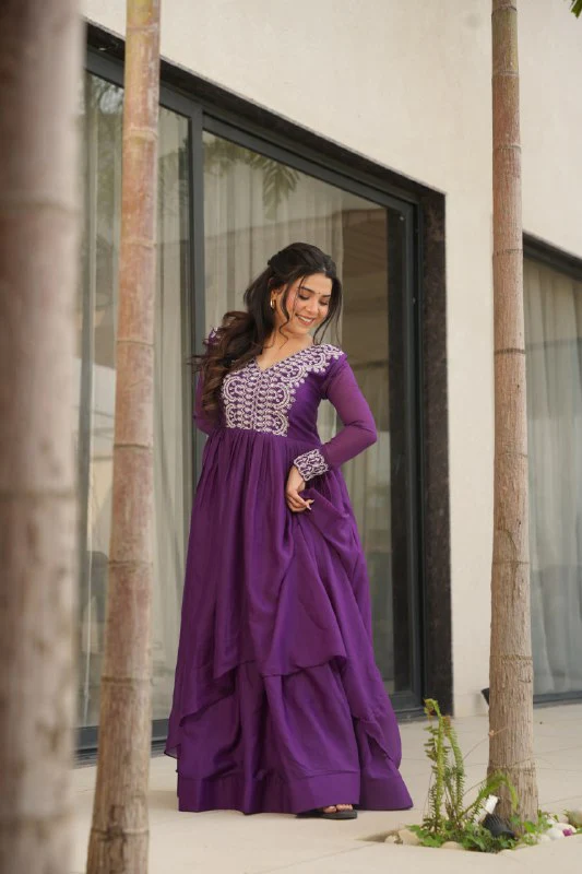 Star Georgette with Embroidery Beads Sequins Work Gown with Dupatta Set - Image 5