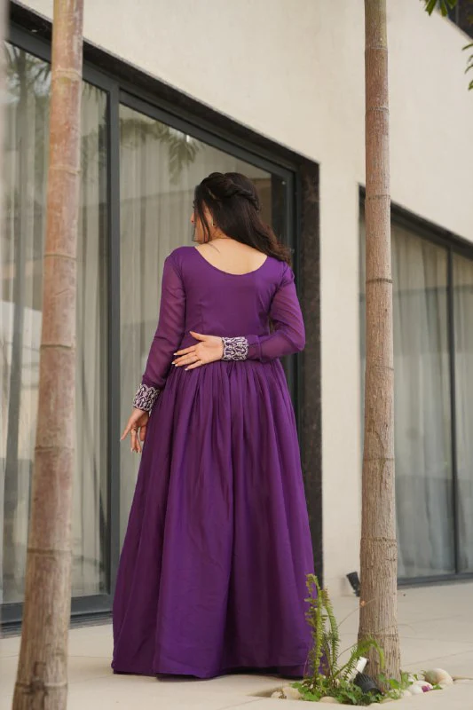Star Georgette with Embroidery Beads Sequins Work Gown with Dupatta Set - Image 6