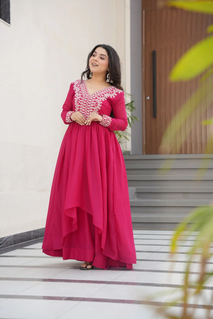 Star Georgette with Embroidery Beads Sequins Work Gown with Dupatta Set - Image 7
