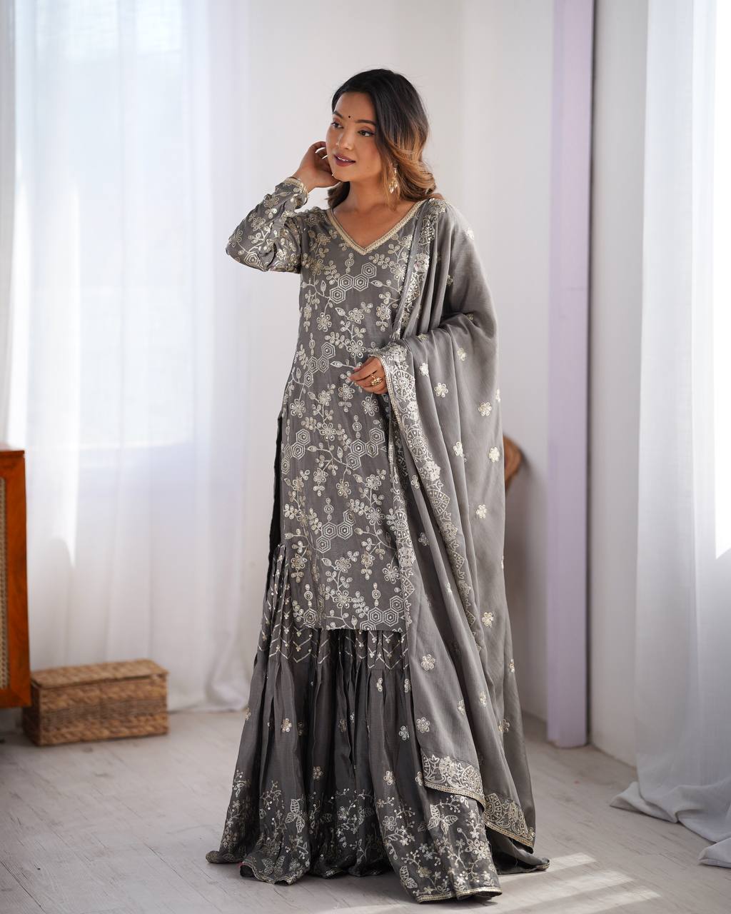 Stunning Chinon Silk with thread & Sequence work Sharara Suit Set - Image 5