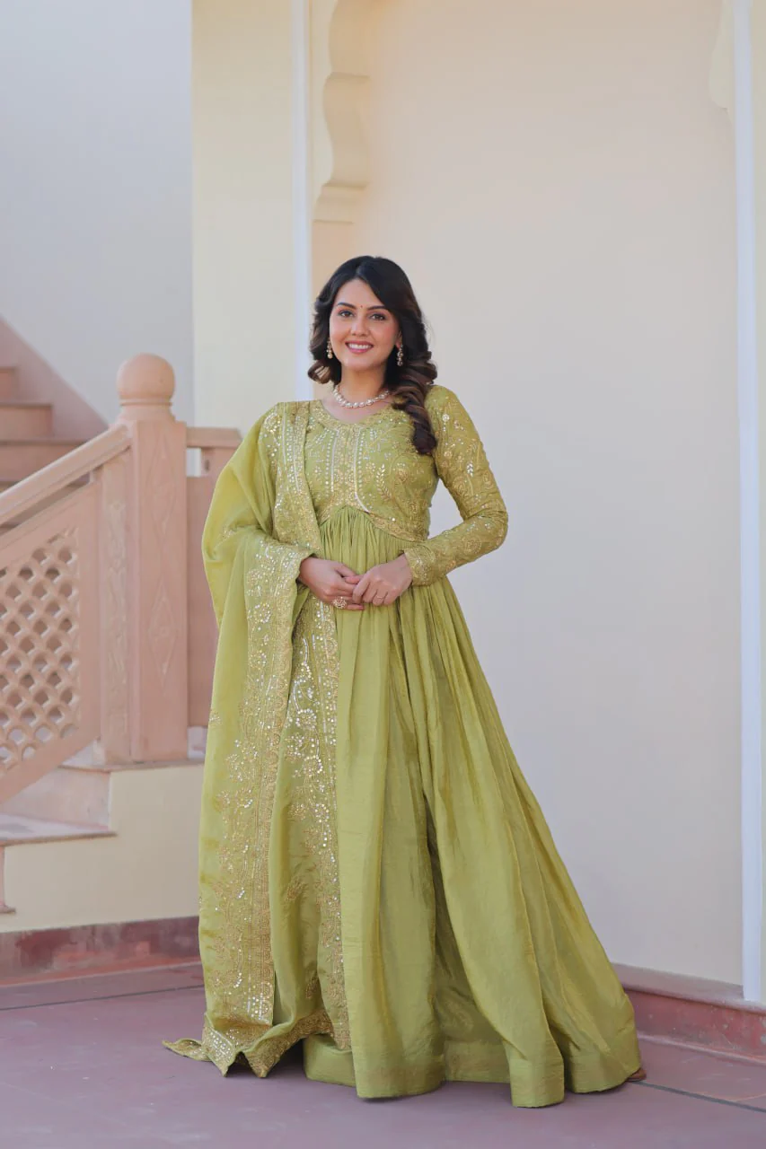 Stunning Gold Crush with Multi Thread Embroidery Sequins Work Gown Set