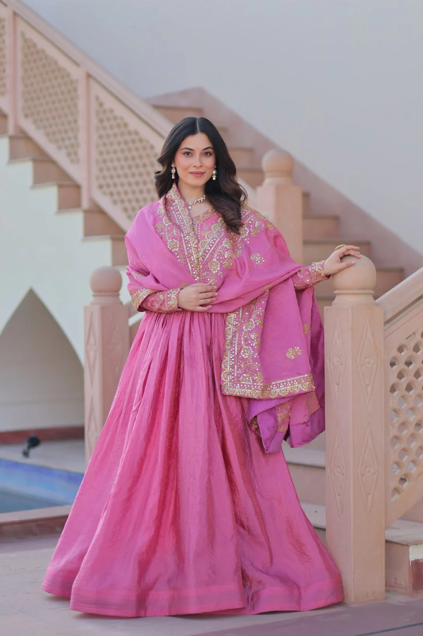 Stunning Gold Crush with Multi Thread Embroidery Sequins Work Gown Set - Image 10