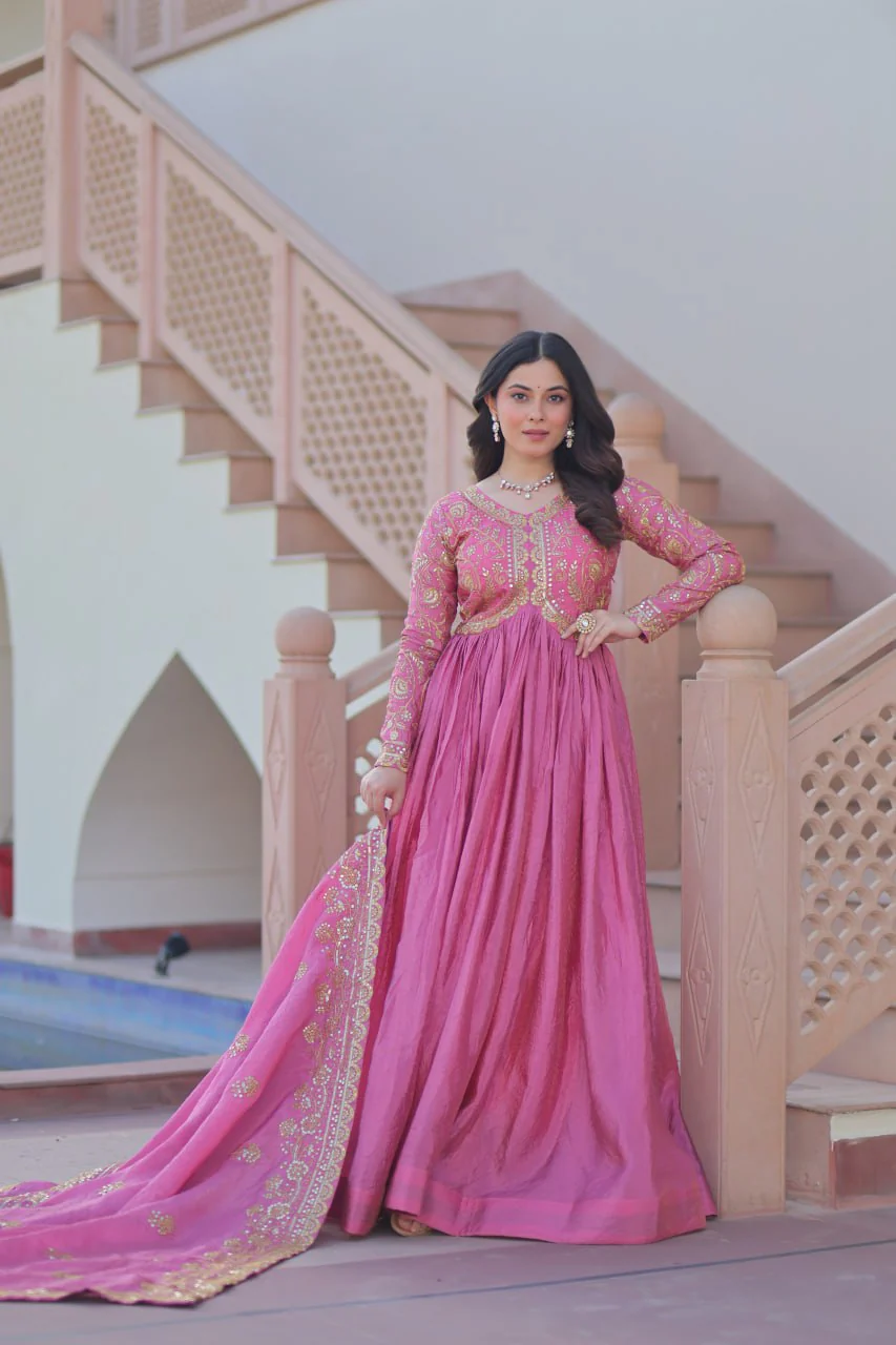 Stunning Gold Crush with Multi Thread Embroidery Sequins Work Gown Set - Image 11