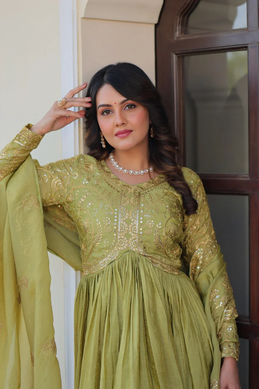 Stunning Gold Crush with Multi Thread Embroidery Sequins Work Gown Set - Image 3