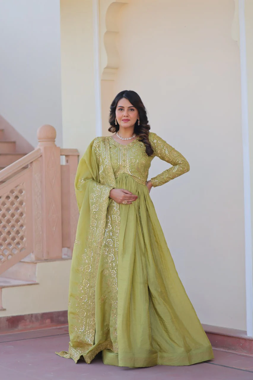 Stunning Gold Crush with Multi Thread Embroidery Sequins Work Gown Set - Image 5