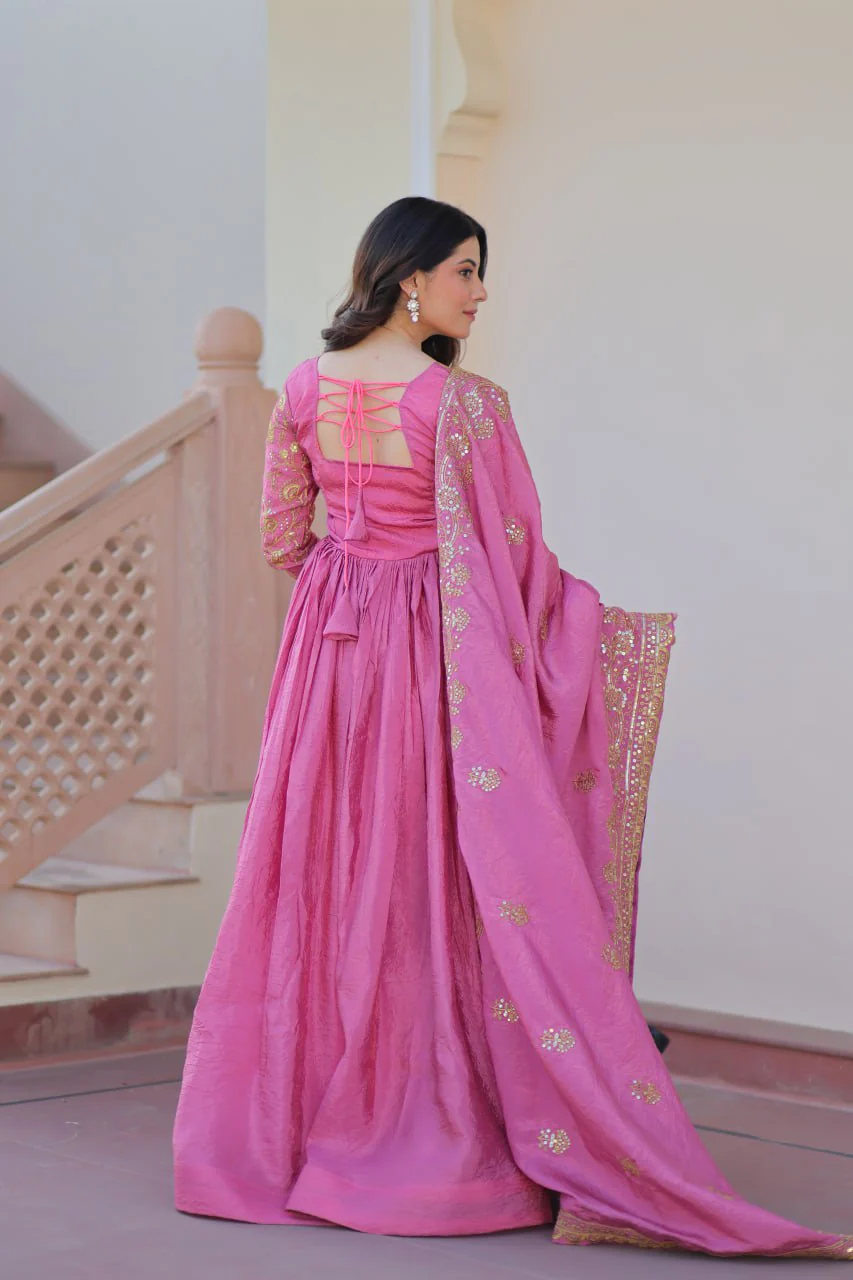 Stunning Gold Crush with Multi Thread Embroidery Sequins Work Gown Set - Image 9