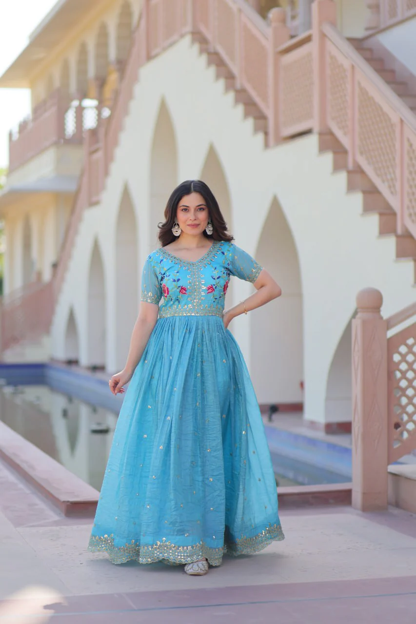 Stunning Gold Crush with Multi Thread Embroidery Zari Sequins Work Gown - Image 14