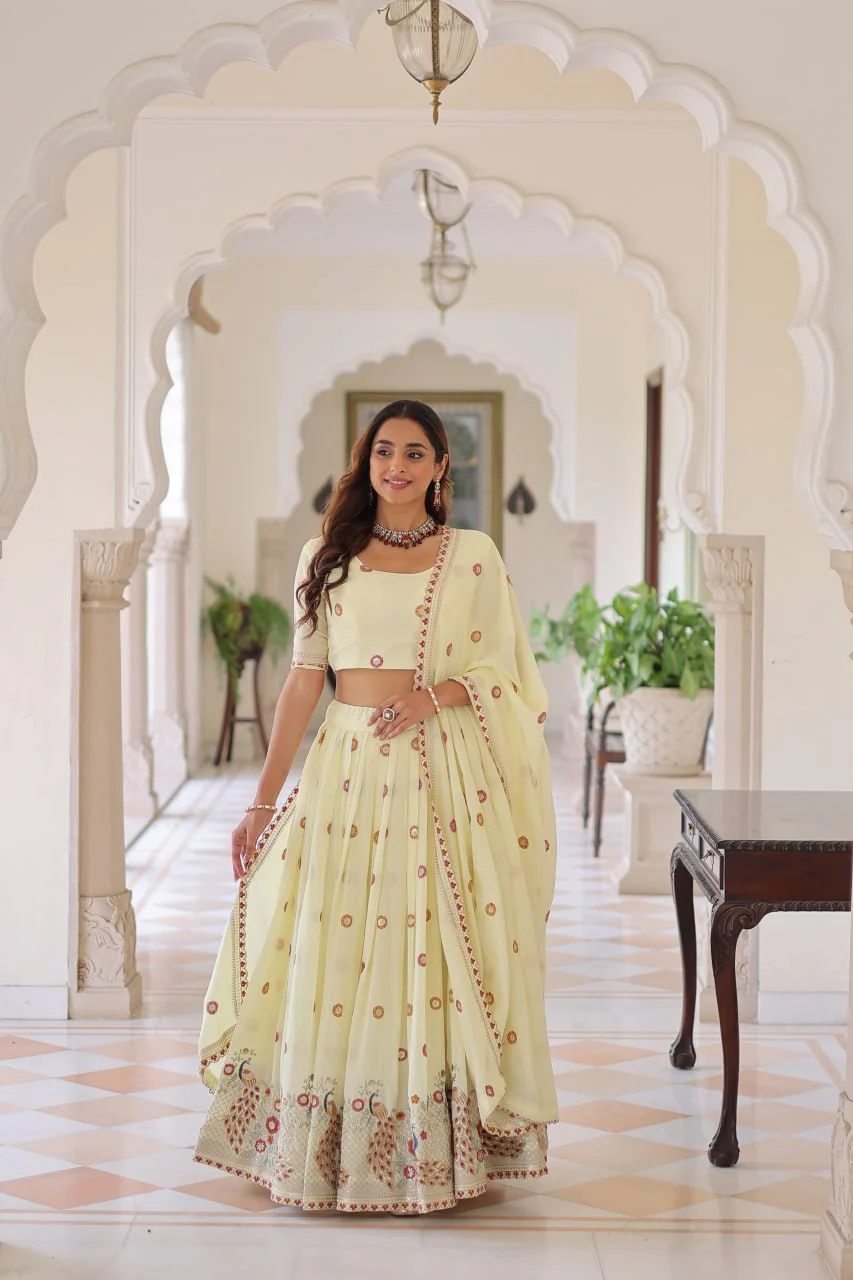 Stunning Off White Multi Embroidered Lehenga Choli Set With Dupatta