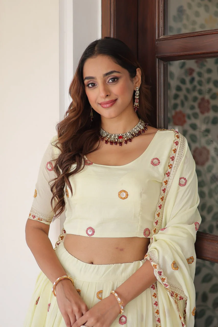 Stunning Off White Multi Embroidered Lehenga Choli Set With Dupatta - Image 7