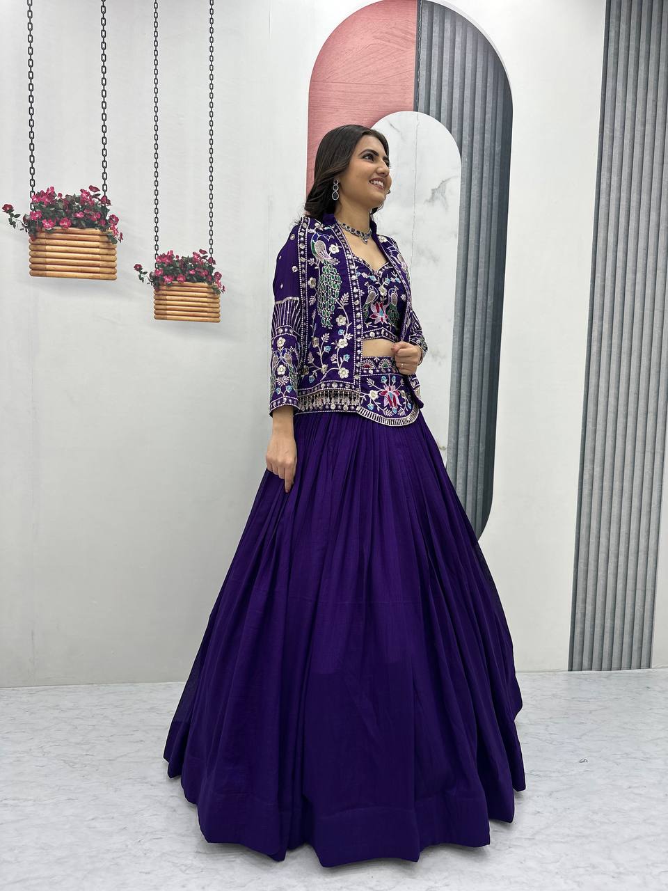 Stunning Vichitra Silk Lehenga Choli with Embroidered Jacket - Image 3