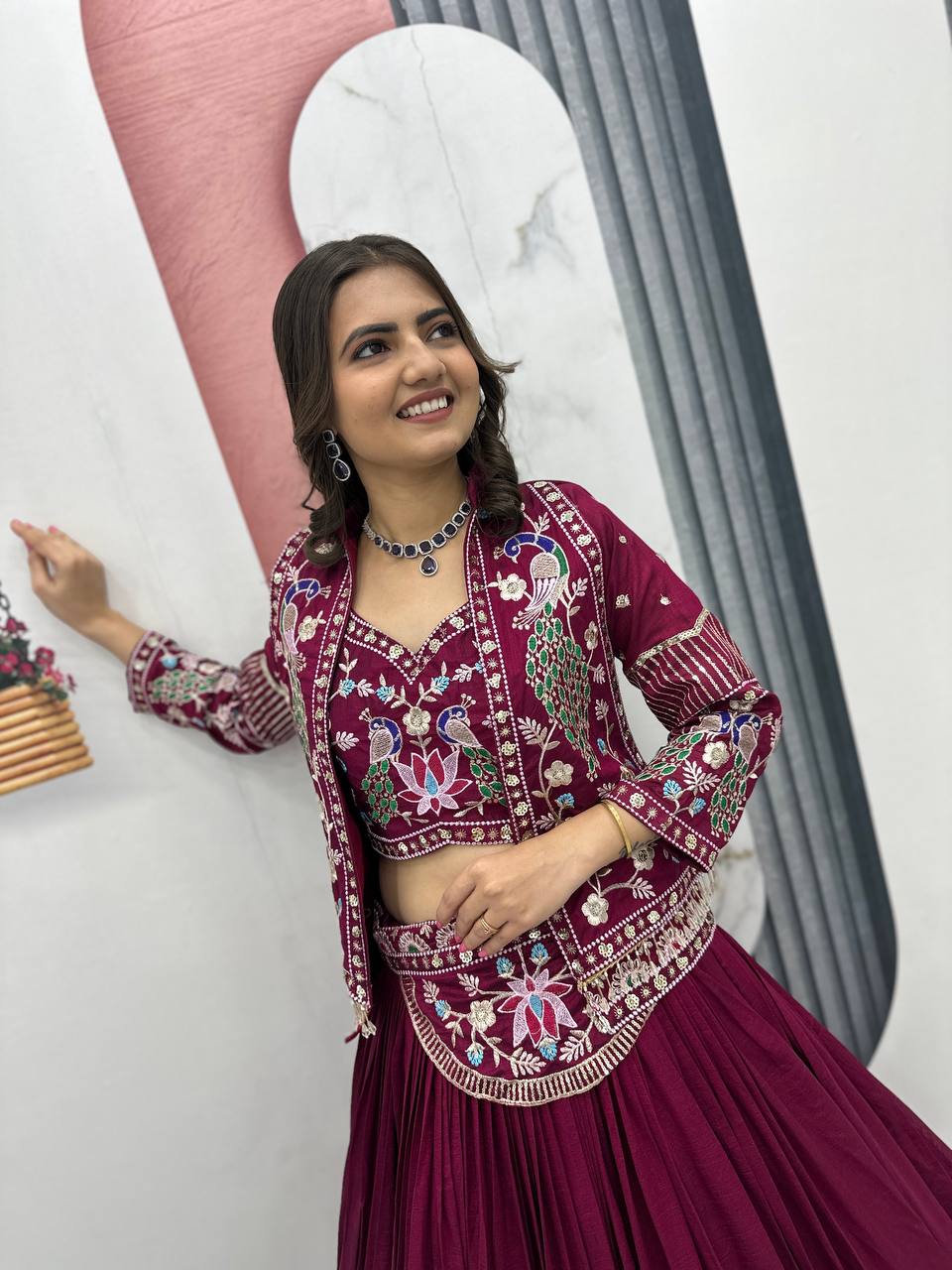 Stunning Vichitra Silk Lehenga Choli with Embroidered Jacket - Image 8