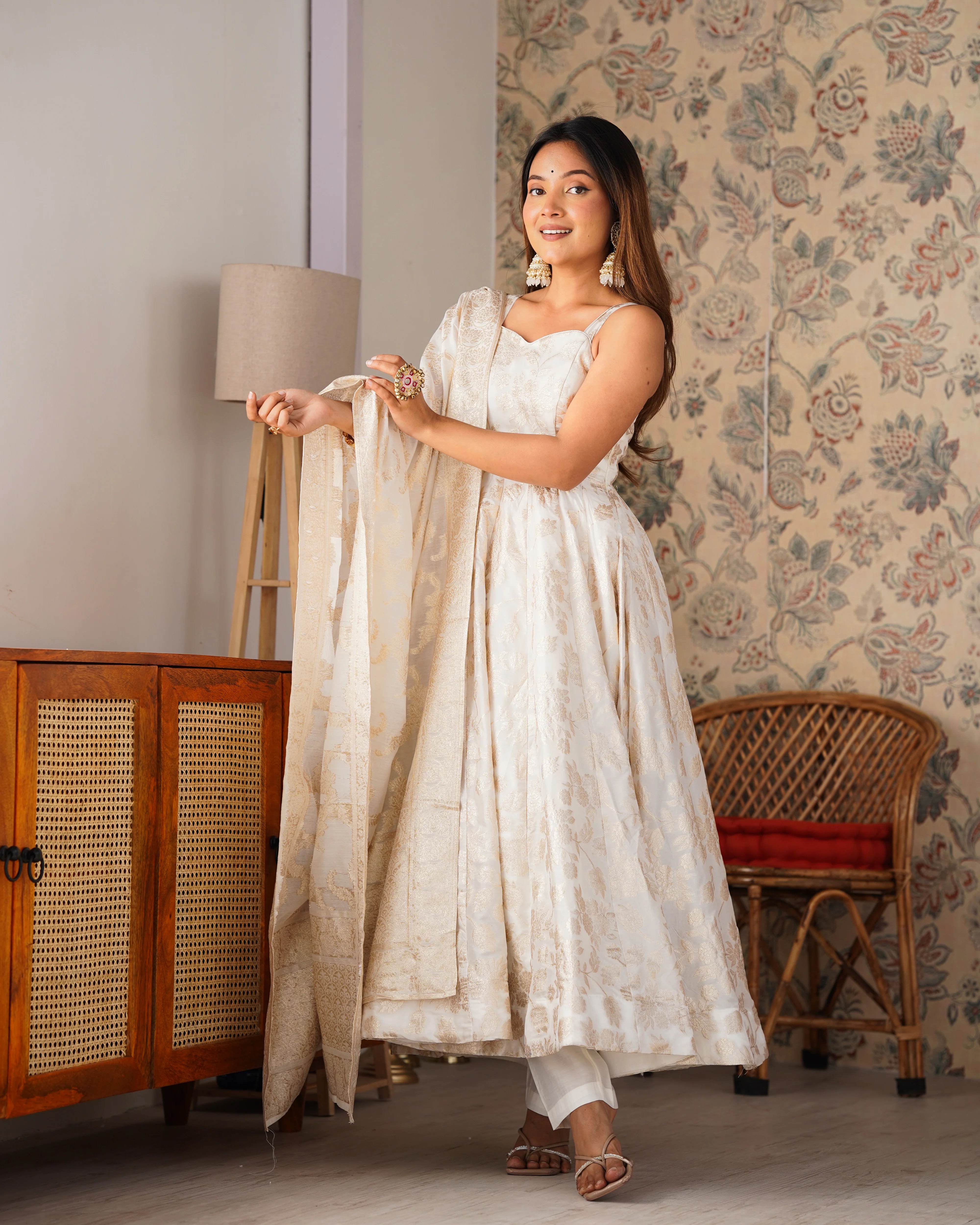 Stunning White Banarasi Jackquard Anarkali Flared Gown with Dupatta - Image 2