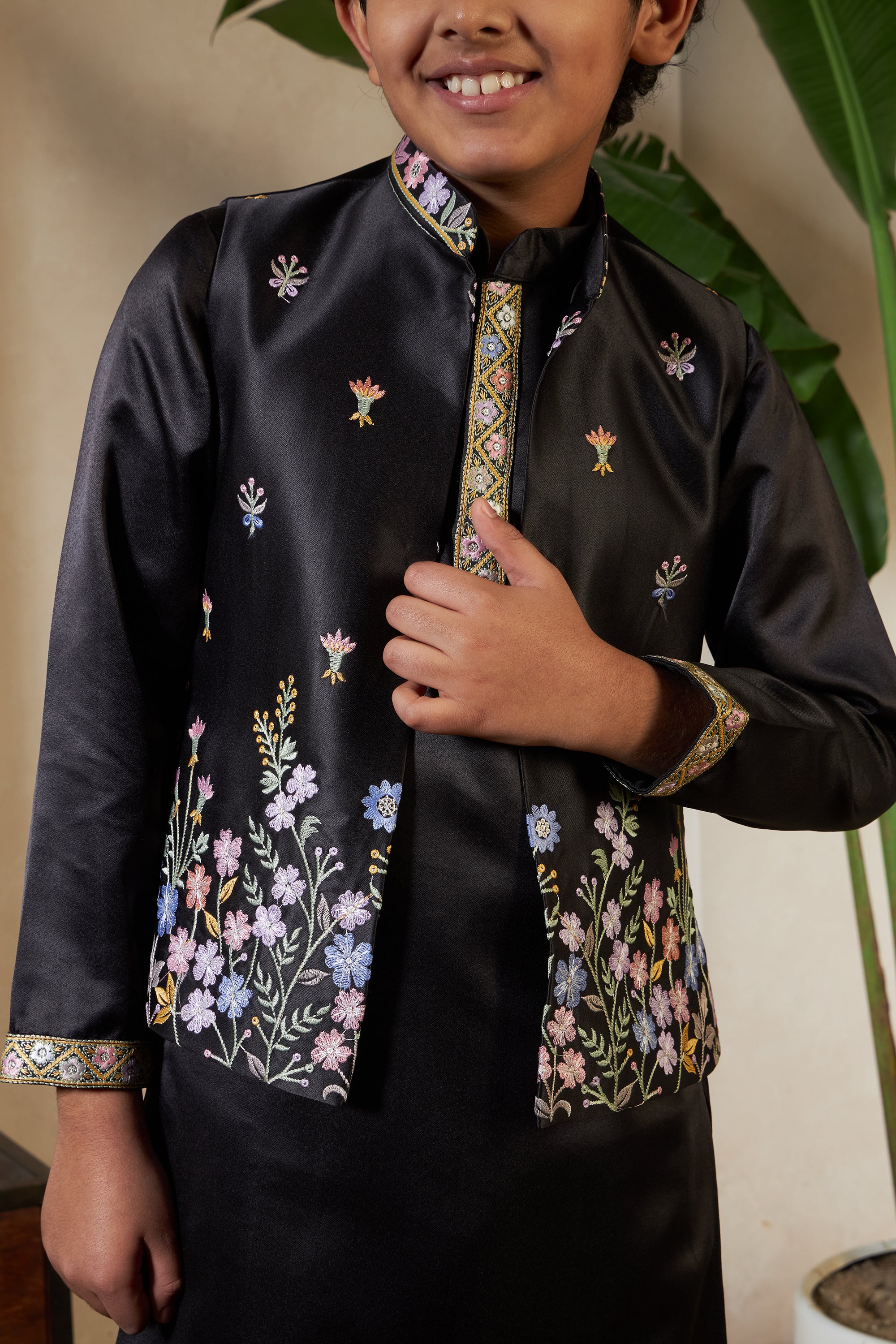 Stylish Black Satin Kurta Koti Set For Wedding Wear - Image 3