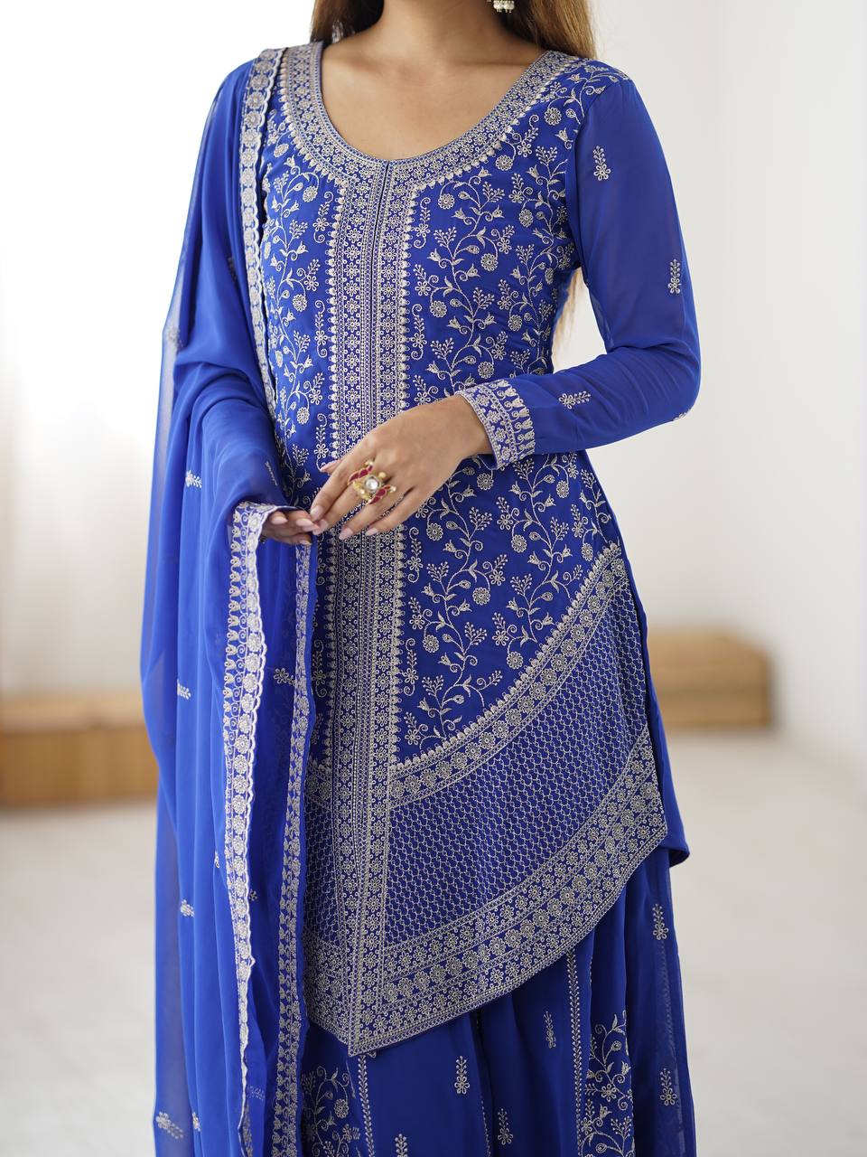 Stylish Blue Faux Georgette Designer Plazo Suit with Embroidered Dupatta - Image 3