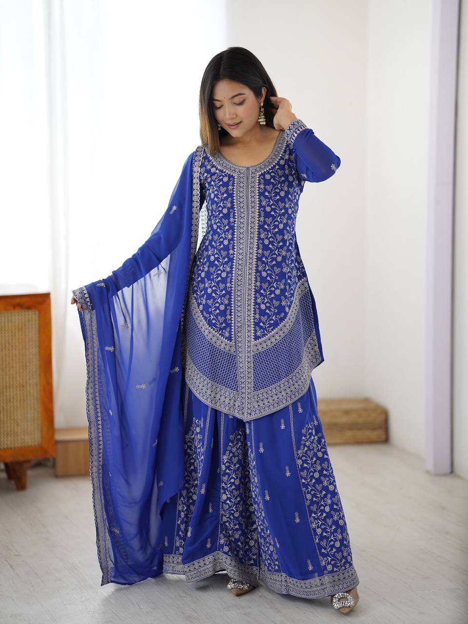 Stylish Blue Faux Georgette Designer Plazo Suit with Embroidered Dupatta - Image 4