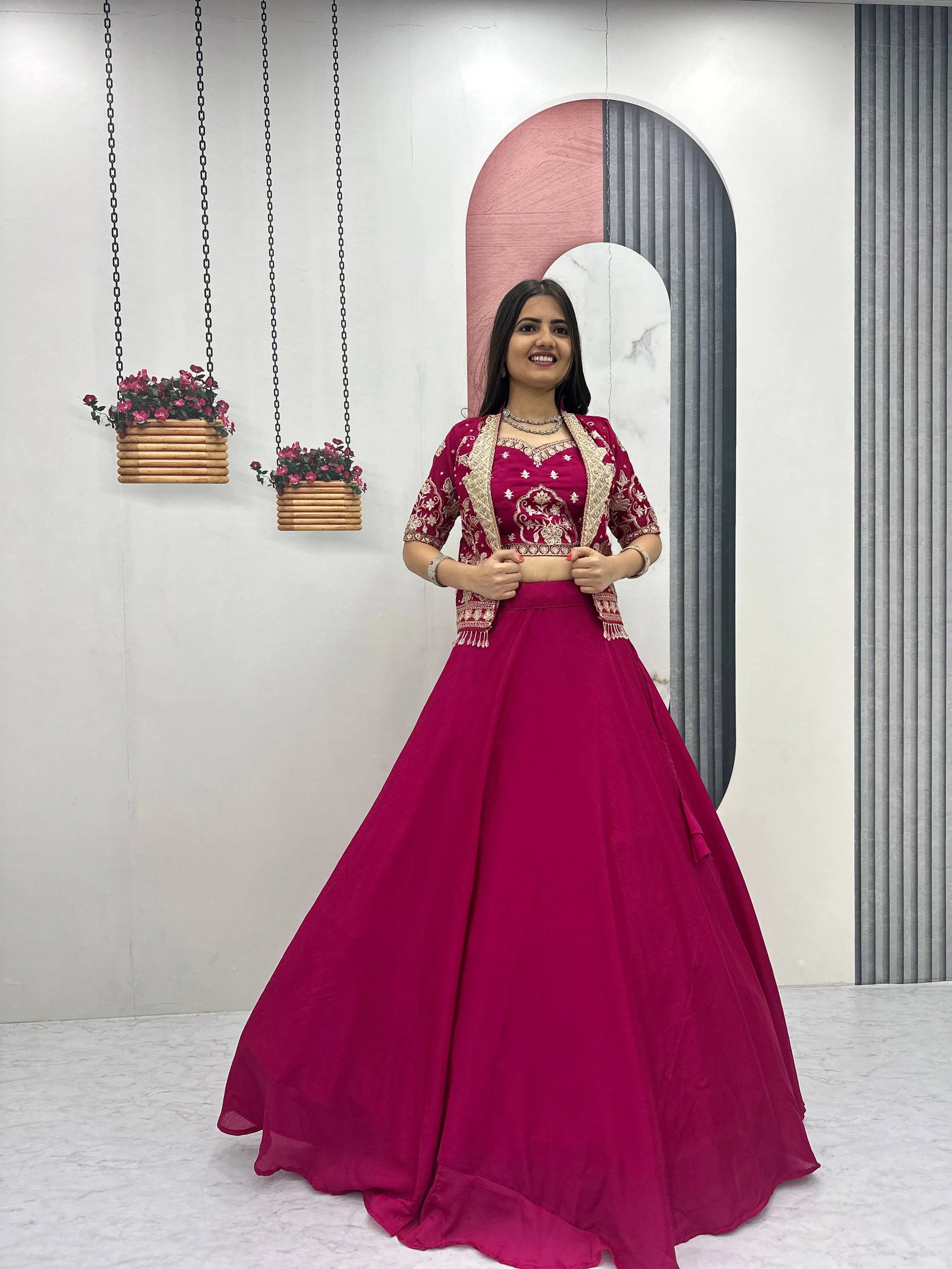 Stylish Ethnic Chinon Heavy Embroidered Work Lehenga Choli Jacket Set