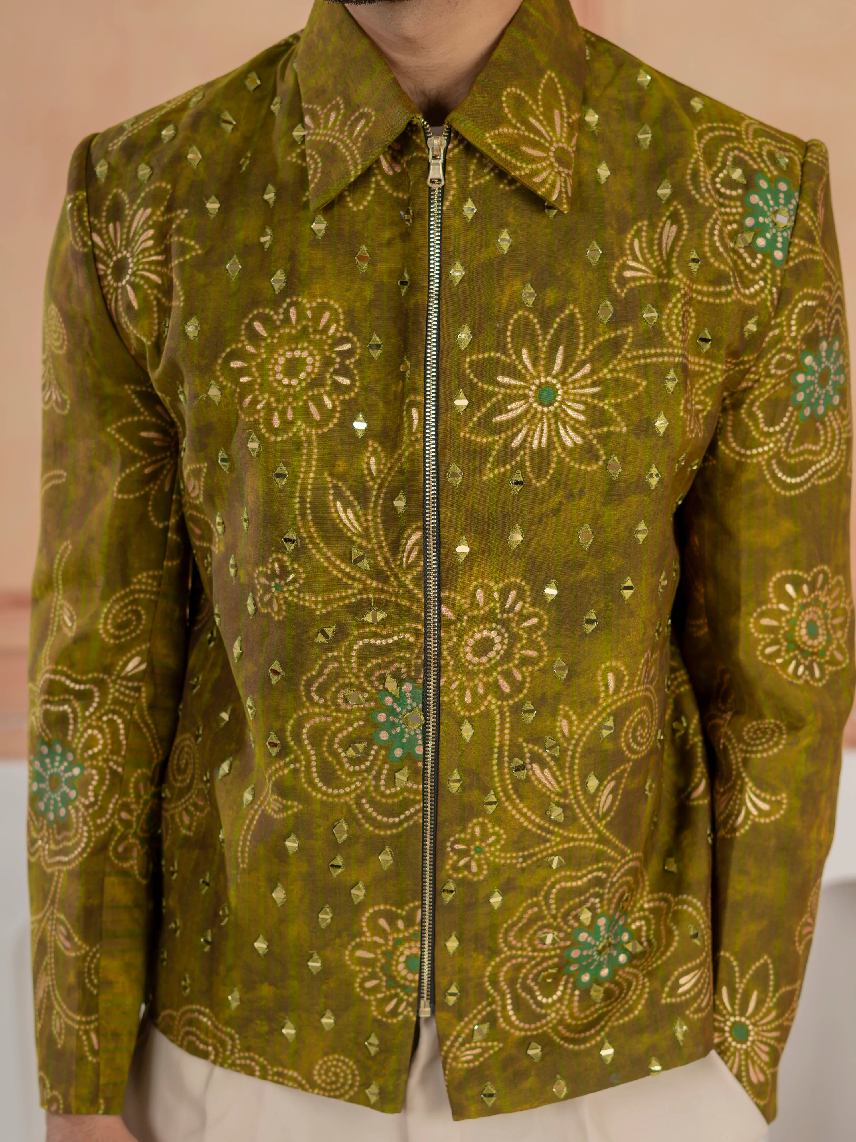 Stylish Green Khadi Silk Mirror Detailing Bomber Jacket and Bottom - Image 3