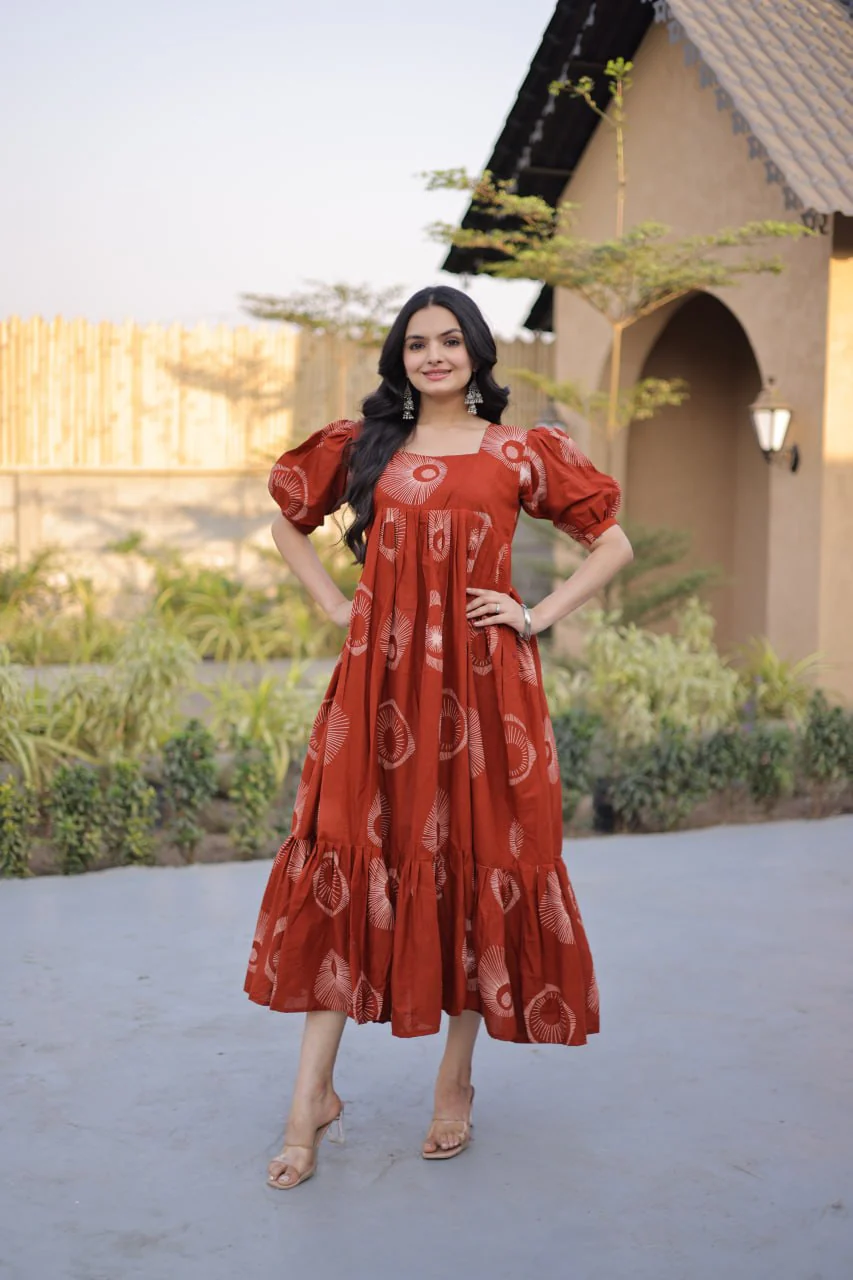 Stylish Printed Cotton Puff Sleeves & Fancy Neck Kurti For Women