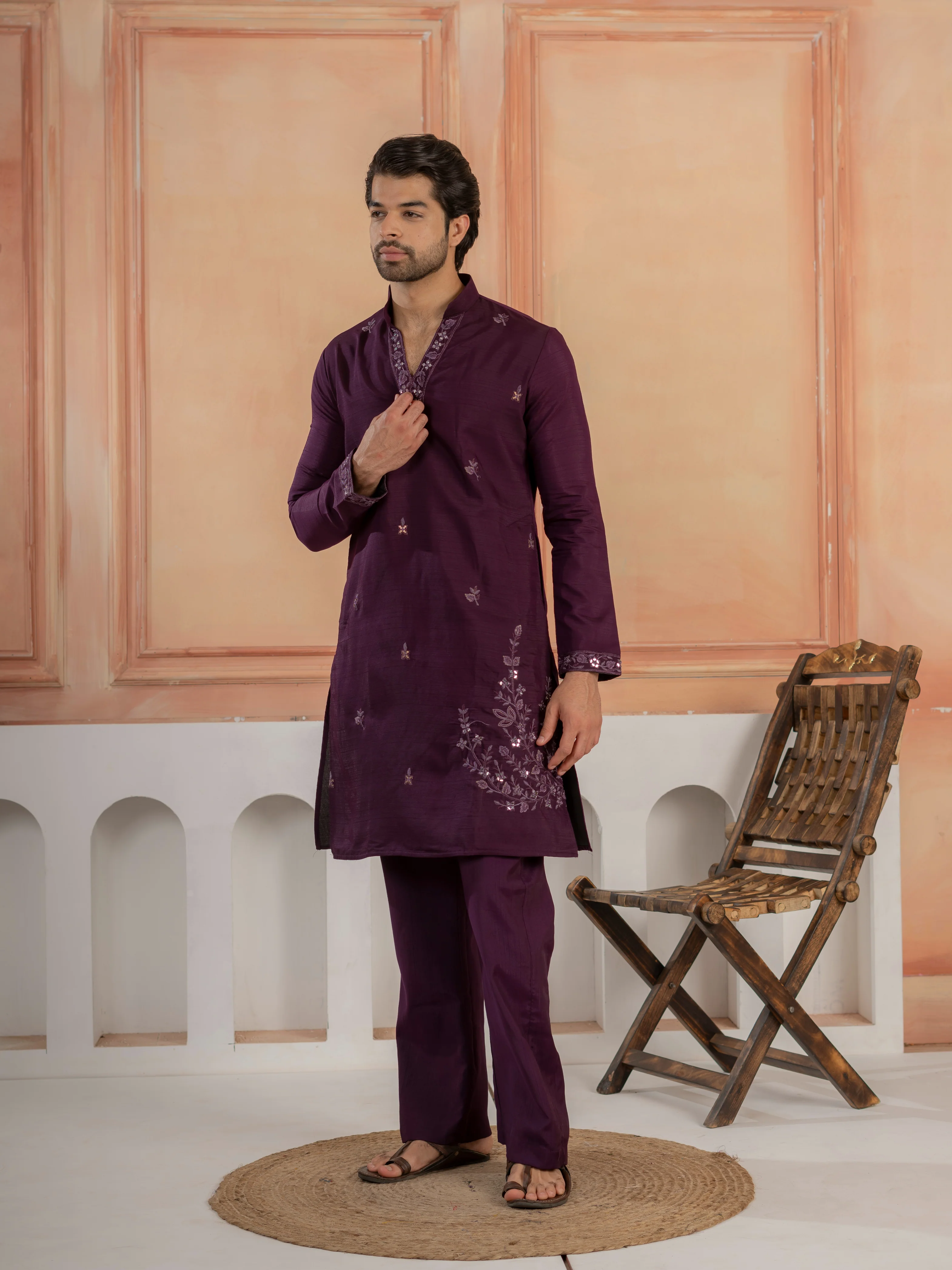 Stylish Purple Real Mirror Embroidered V-Neck Kurta Jacket Pant Set - Image 5