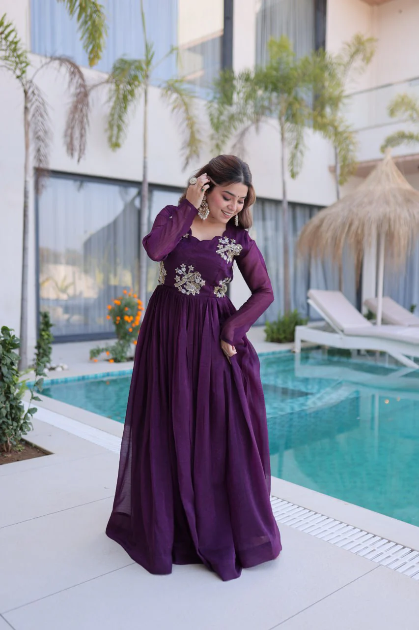 Stylish Silver Crunchy Fabric Beads Work Party Wear Gown Set - Image 3