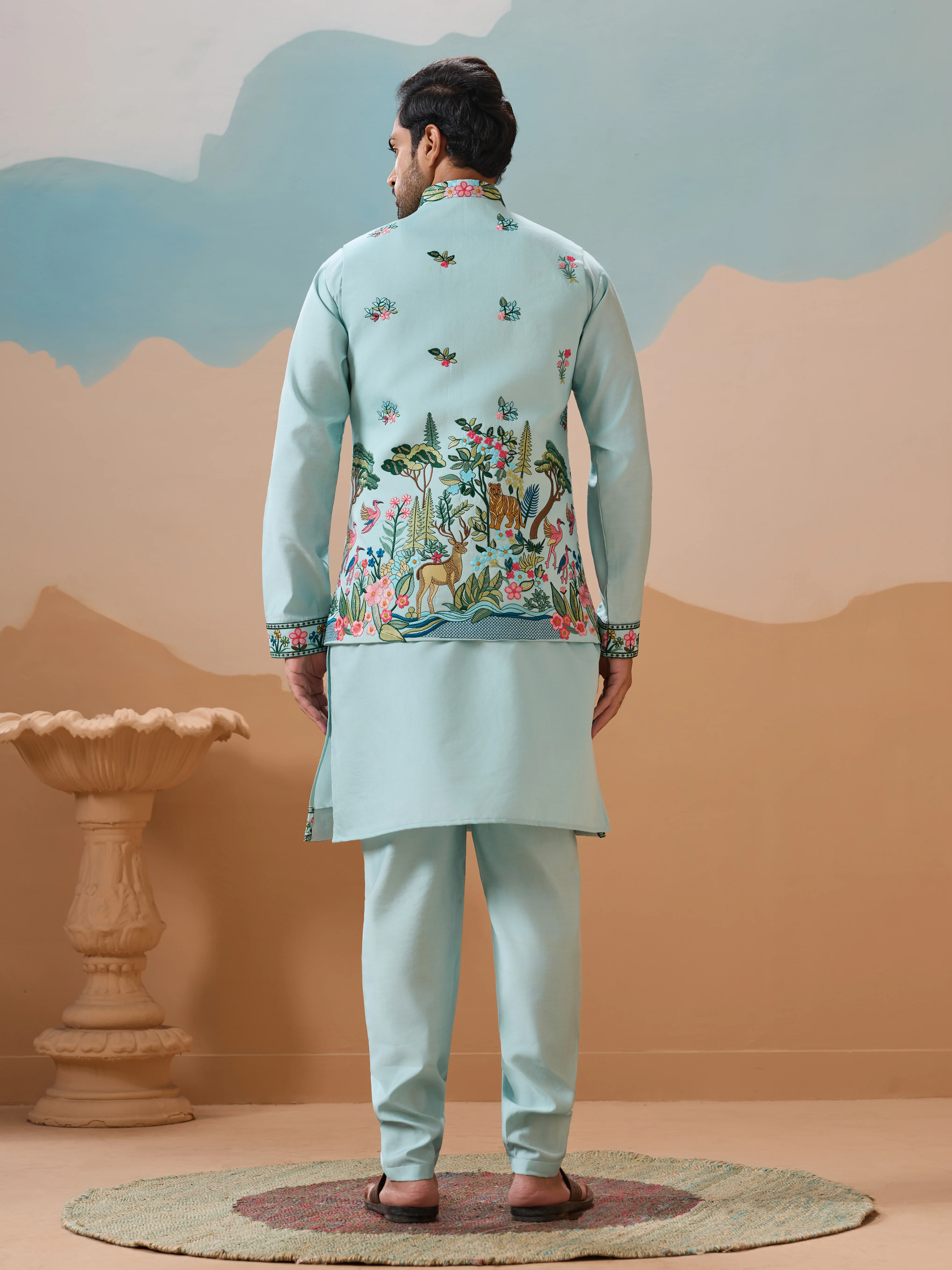Stylish Sky Color Mens Koti Kurta Set Collection - Image 7