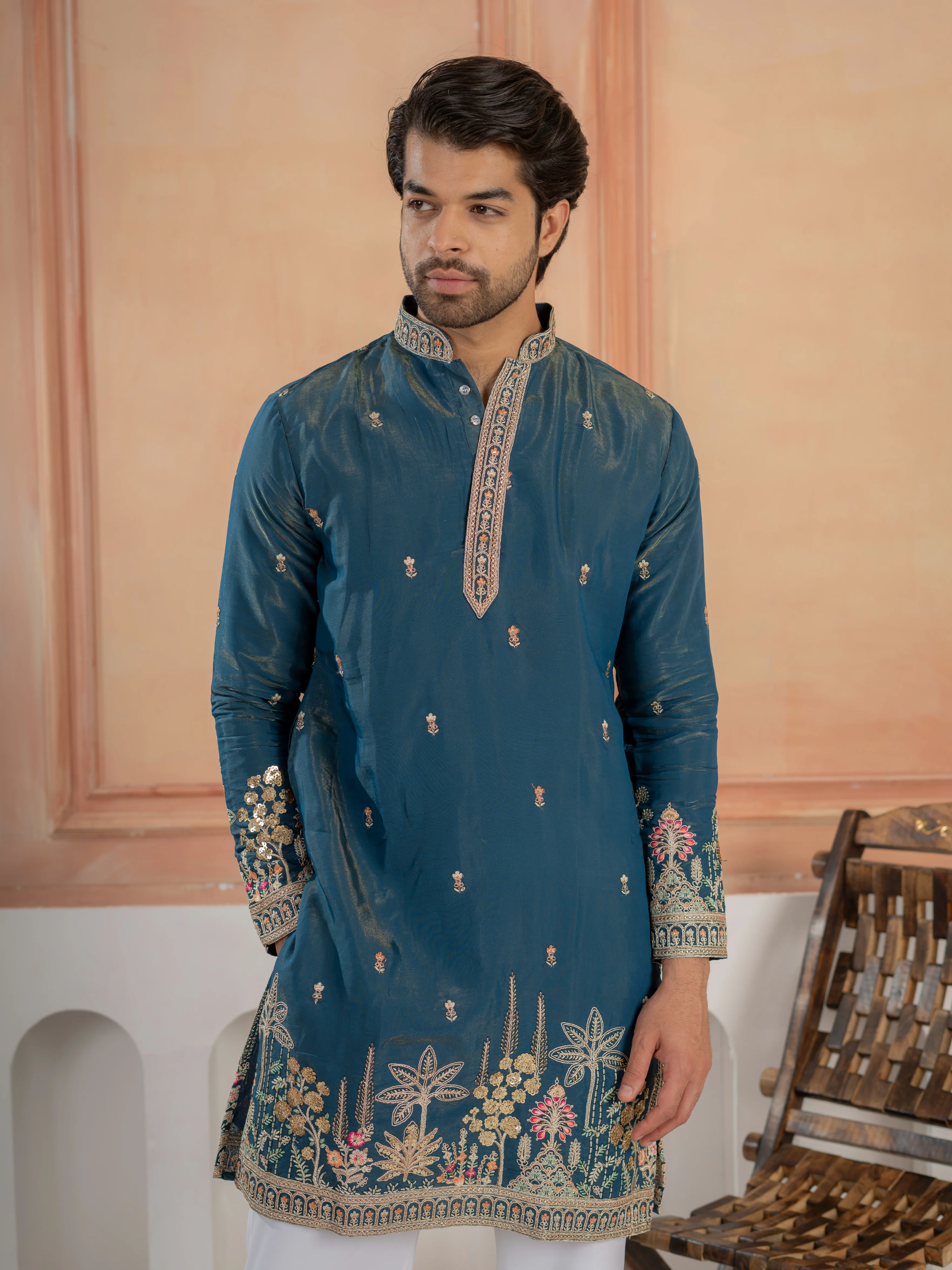 Stylish Teal Blue Roman Shimmer Golden Sequence Work Kurta Set - Image 2