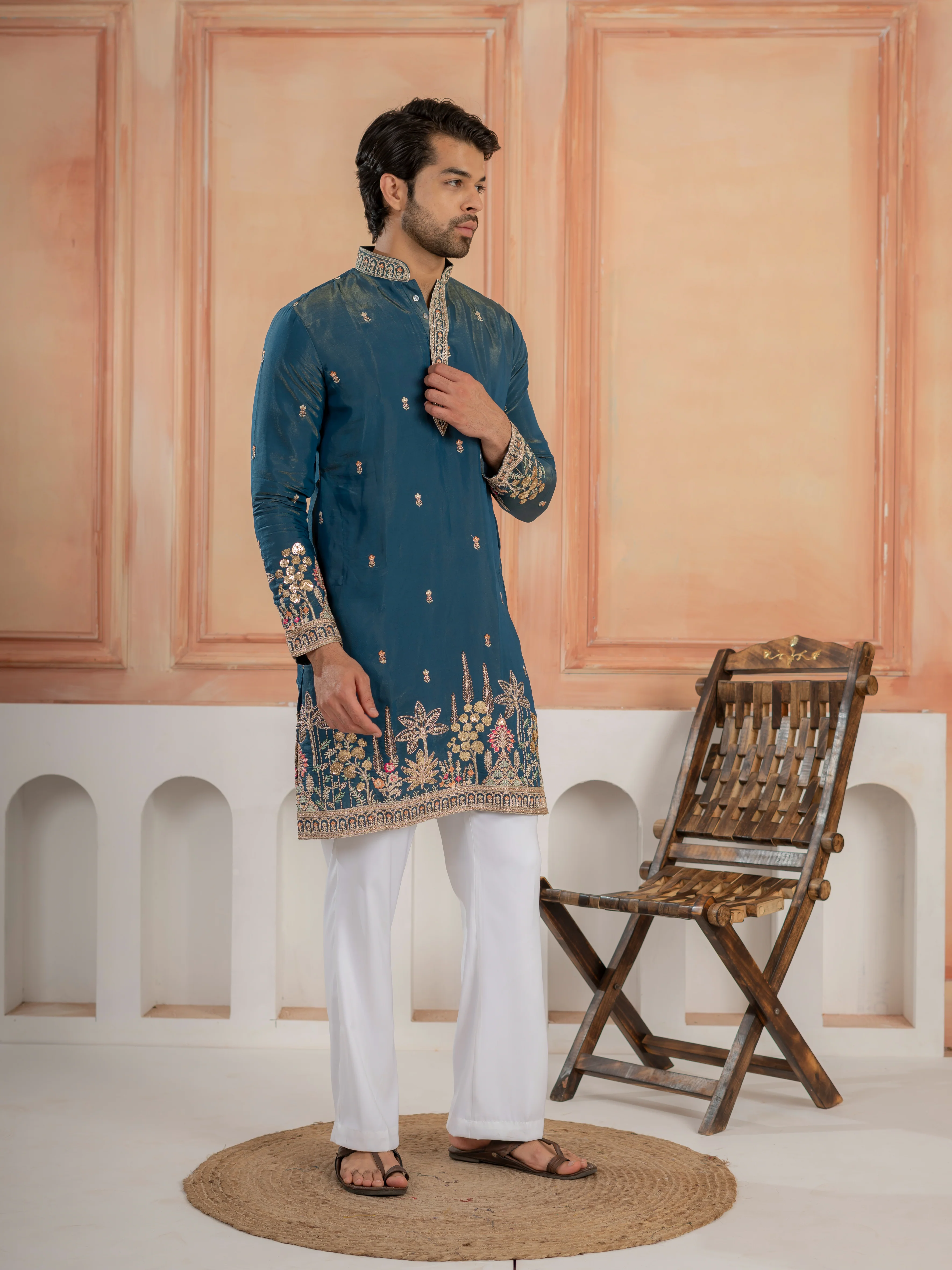 Stylish Teal Blue Roman Shimmer Golden Sequence Work Kurta Set - Image 6