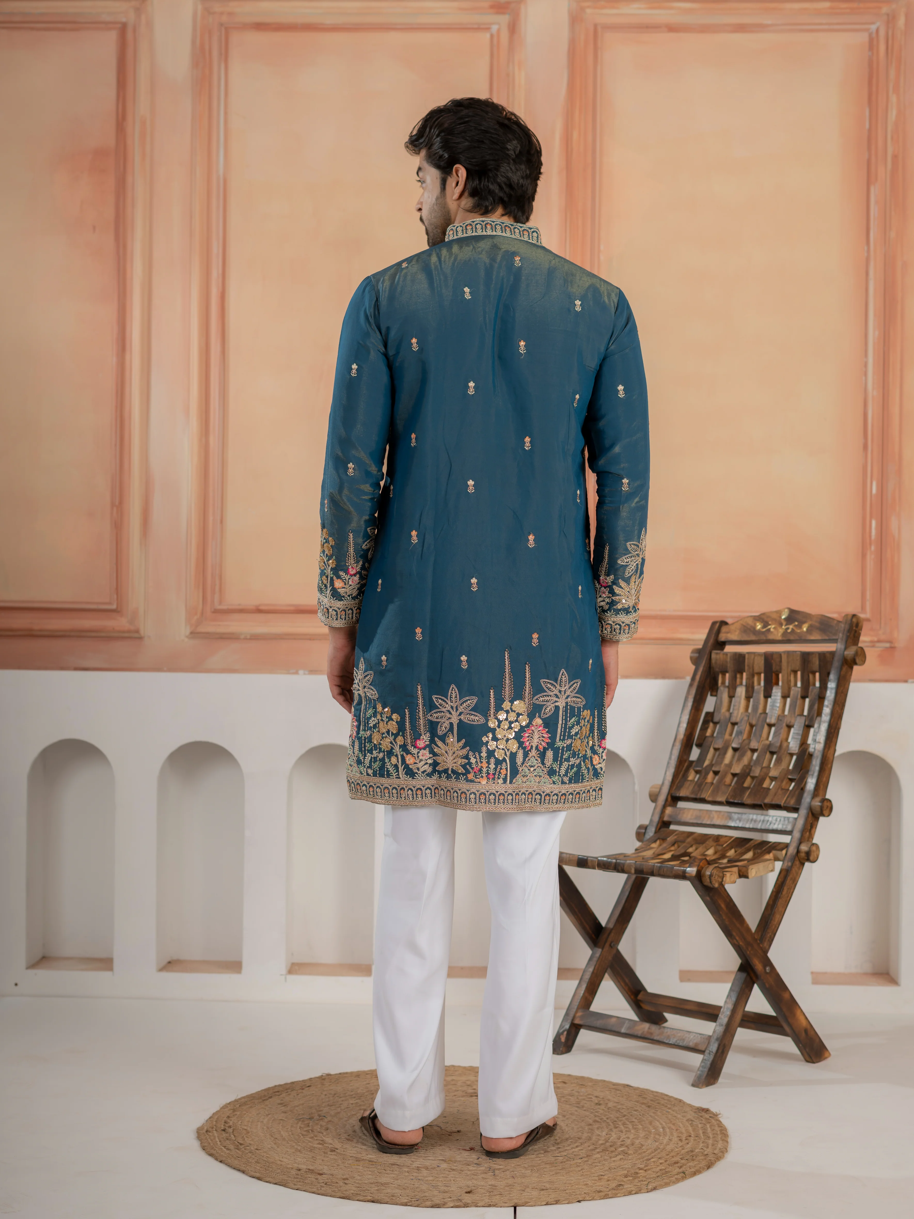Stylish Teal Blue Roman Shimmer Golden Sequence Work Kurta Set - Image 7