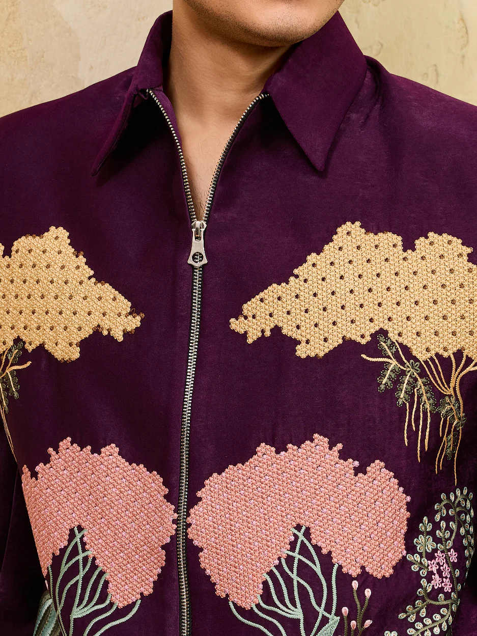 Stylish Wine Bomber Jacket with Embroidered Thread and Pants for Men - Image 3