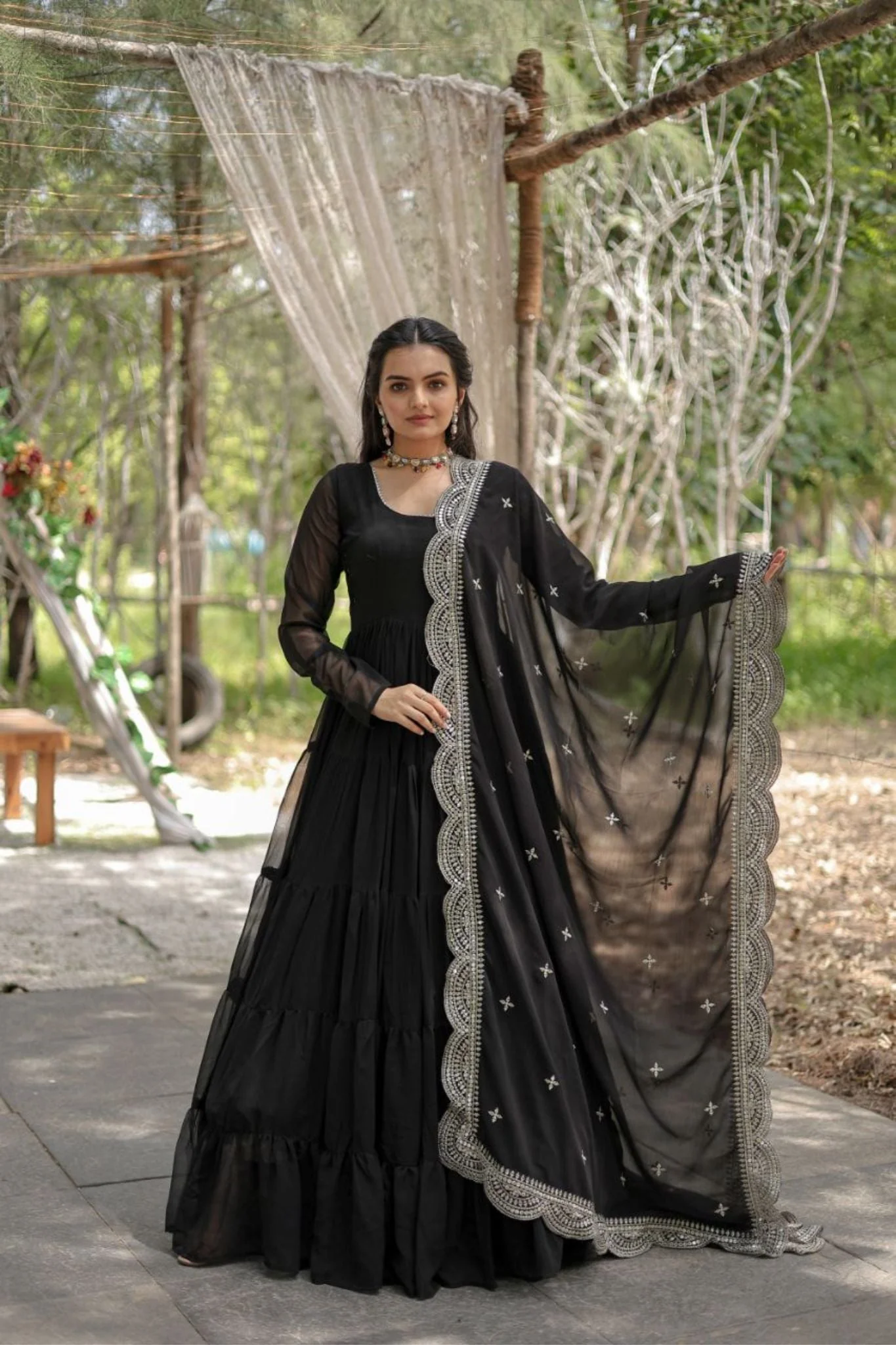 Stylish Women Tiered Gown With Dupatta Set - Image 15